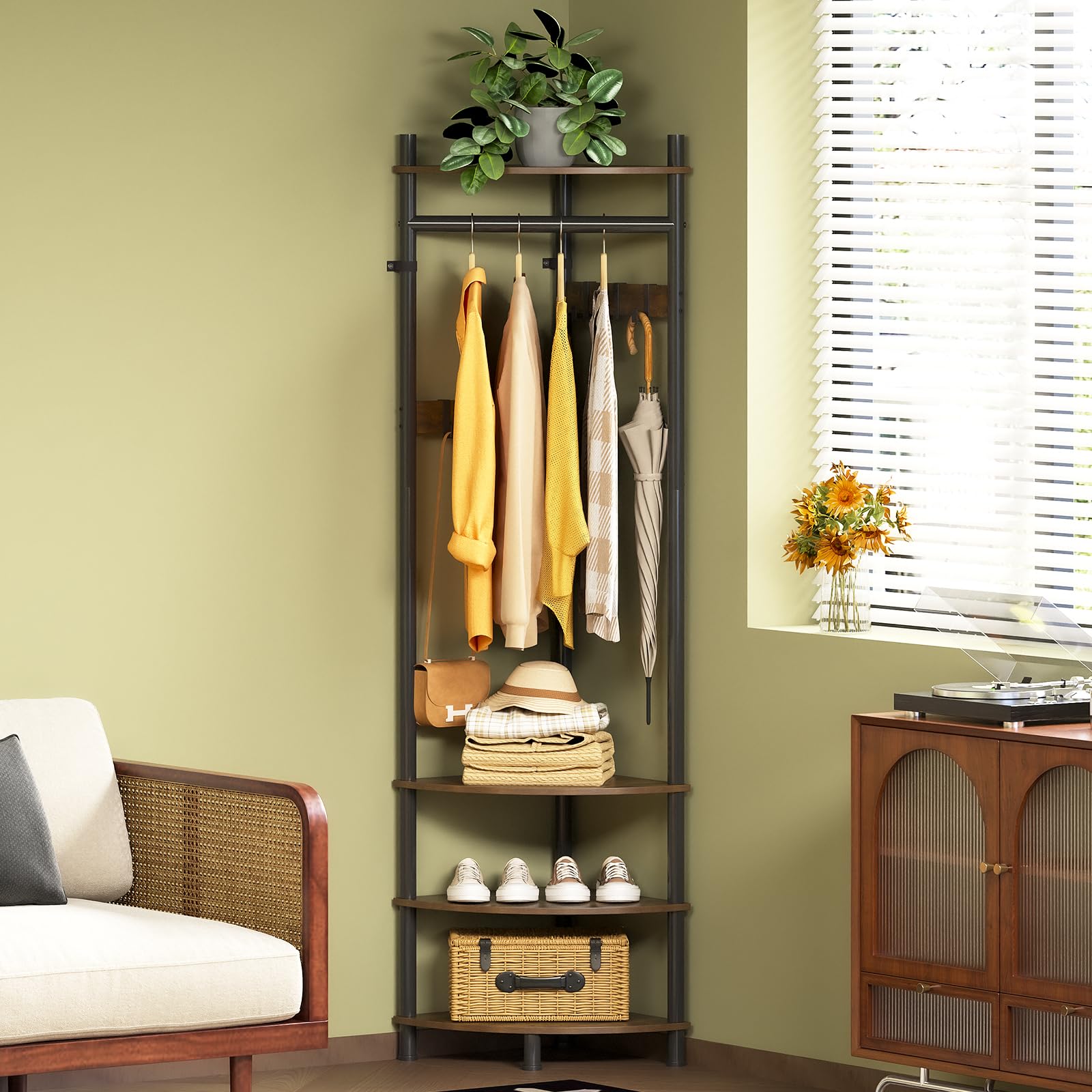 Corner Hall Tree with Shoe Rack and 6 Hooks