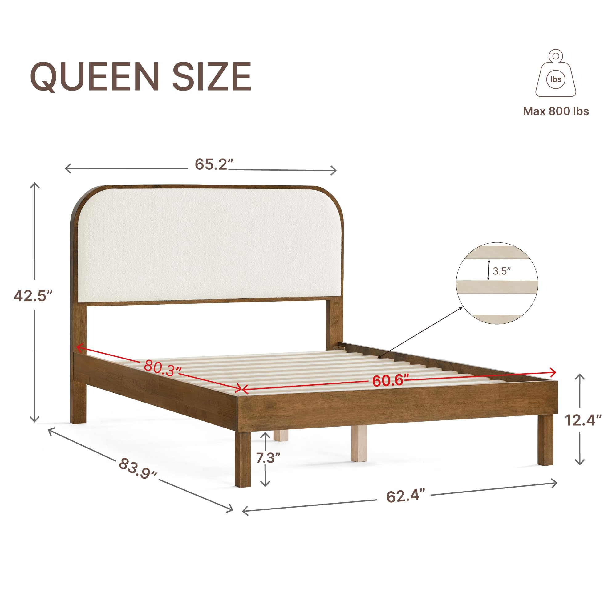 Wood Bed Frame with Upholstered Headboard Queen Size