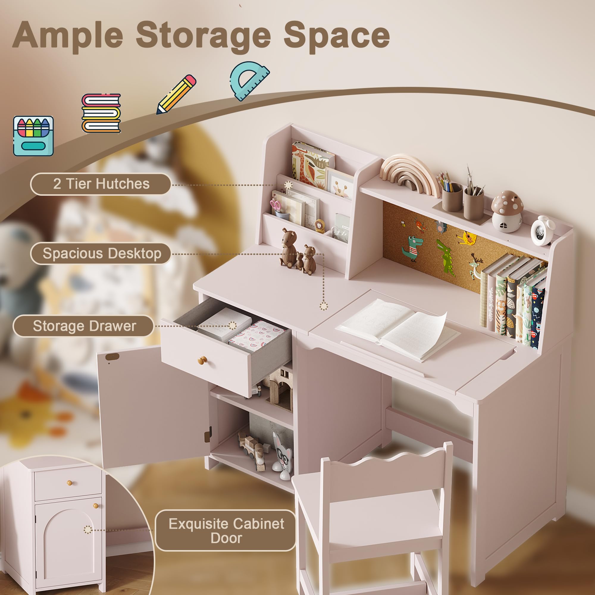 Kids Study Desk and Chair Set with Tiltable Desktop and Hutch