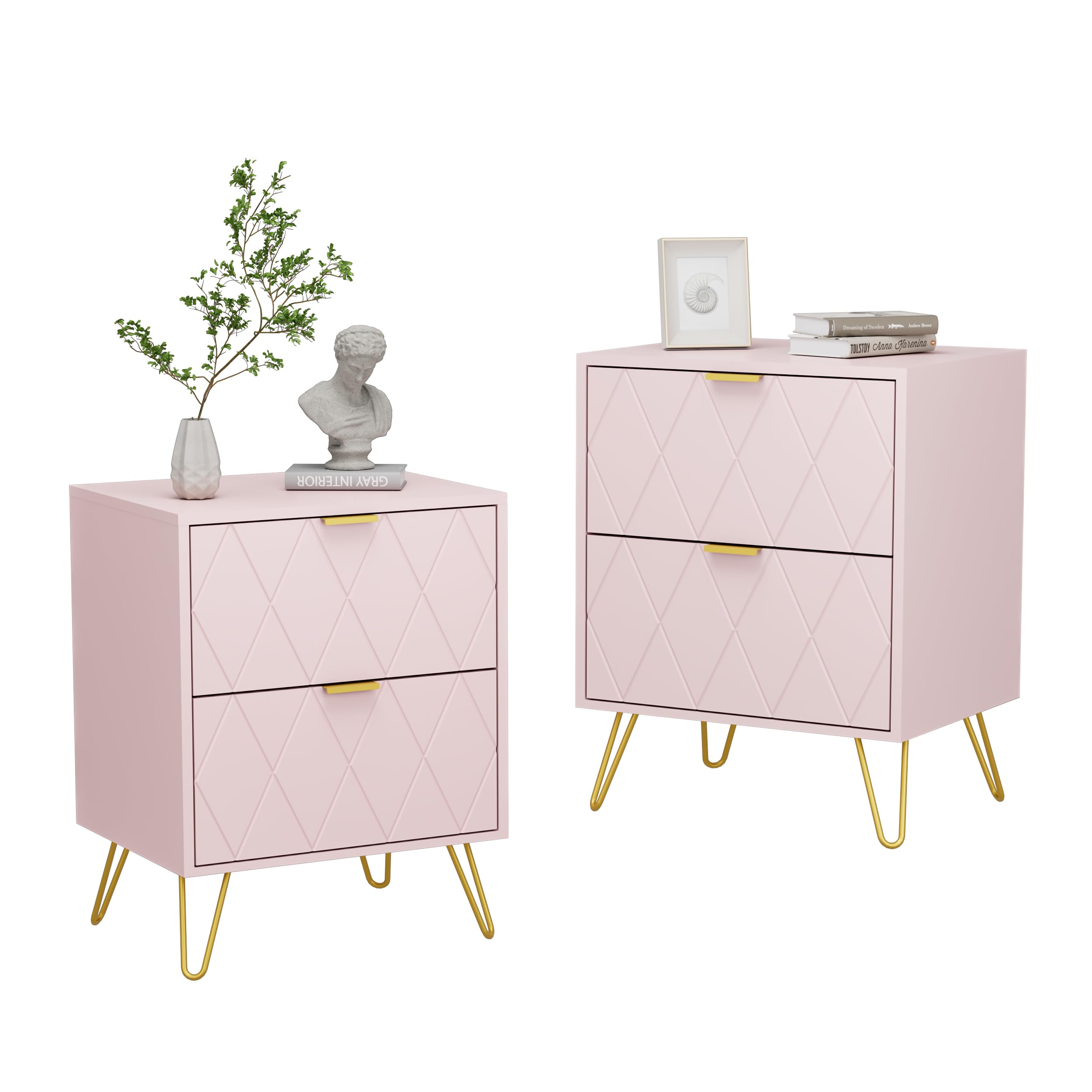 Pink Nightstand Set of 2 with 2 Drawers and Gold Legs