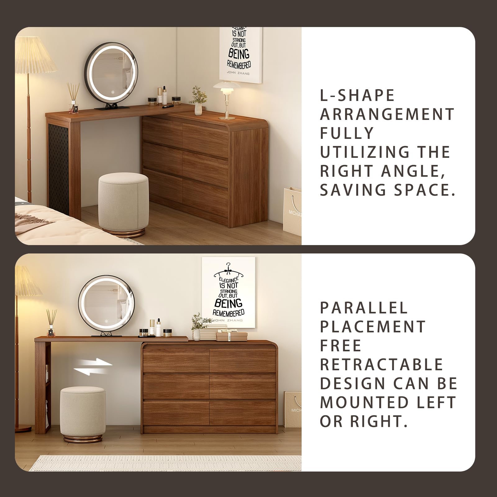 L-Shape Vanity Desk with LED Mirror and Lights - 6 Drawer Makeup Dresser