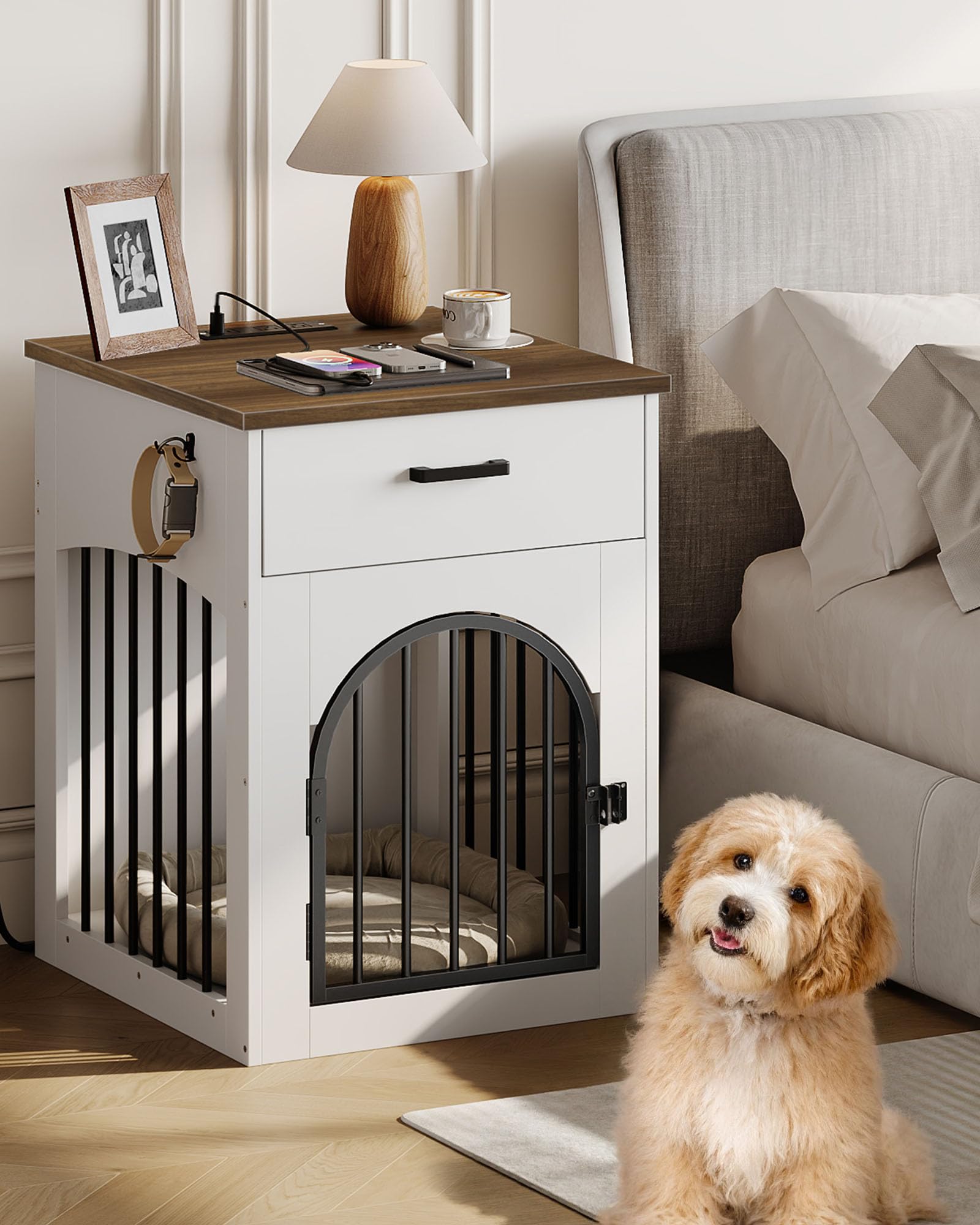 Wooden Dog Crate Furniture with Charging Station and Storage Drawer