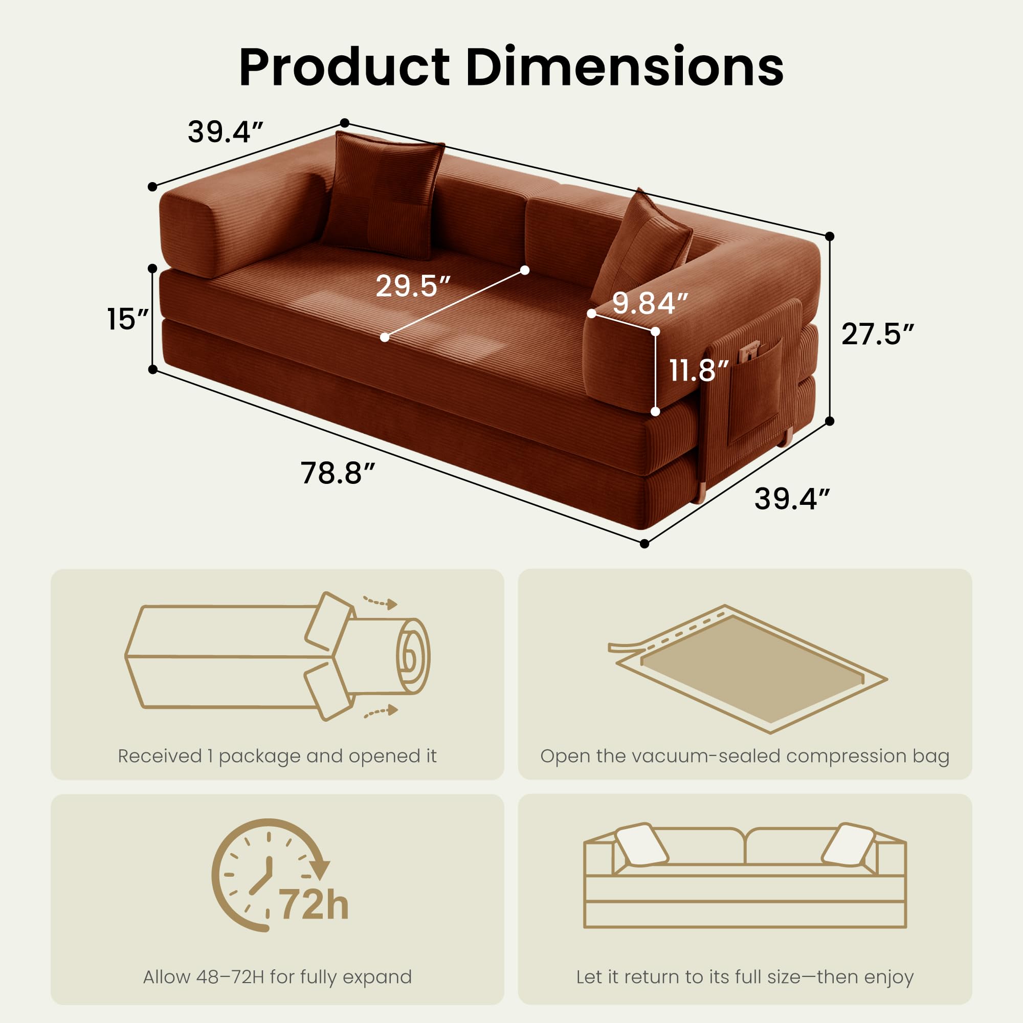Convertible Futon Sofa Bed with Storage Pocket