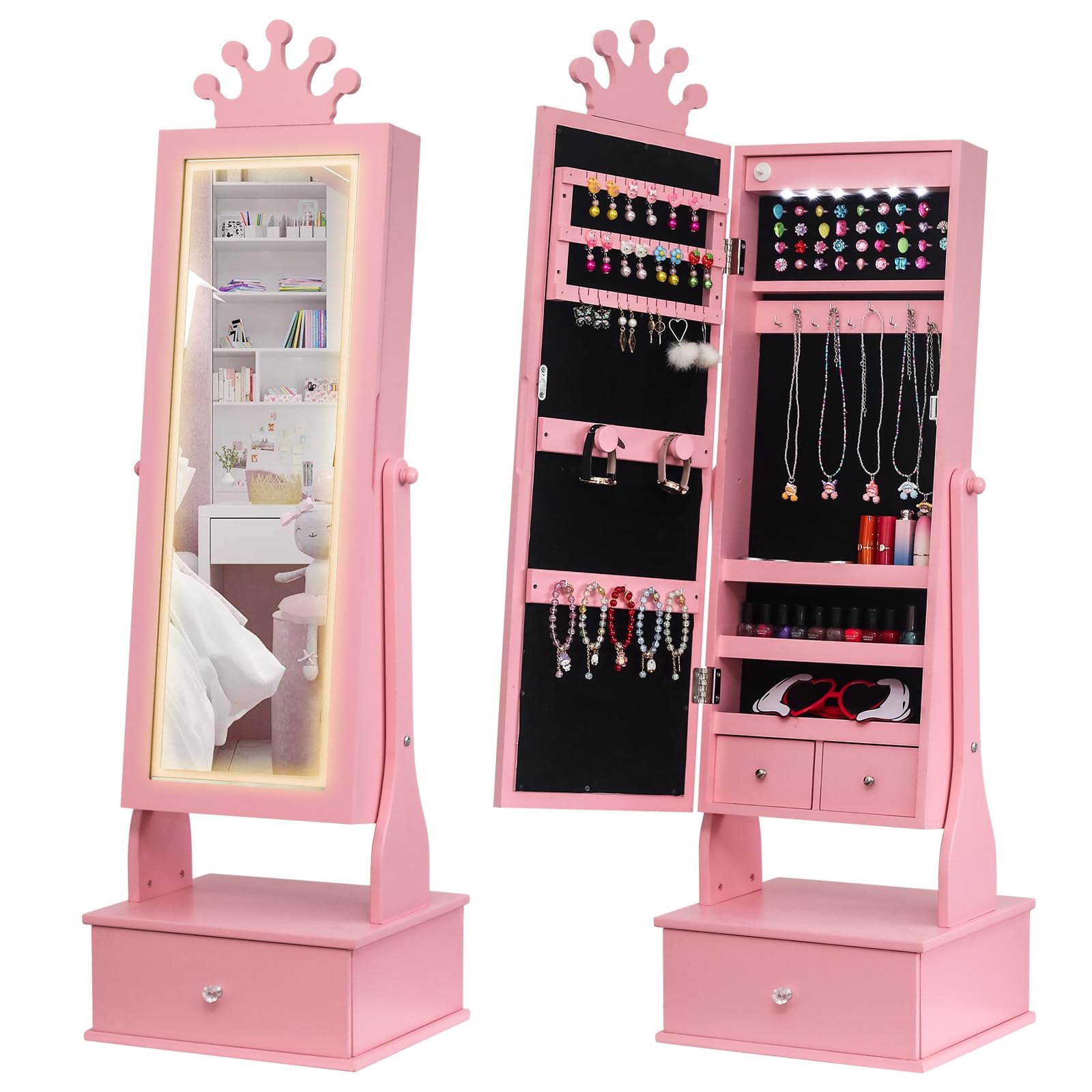Kids Jewelry Armoire with LED Light and Full Length Mirror
