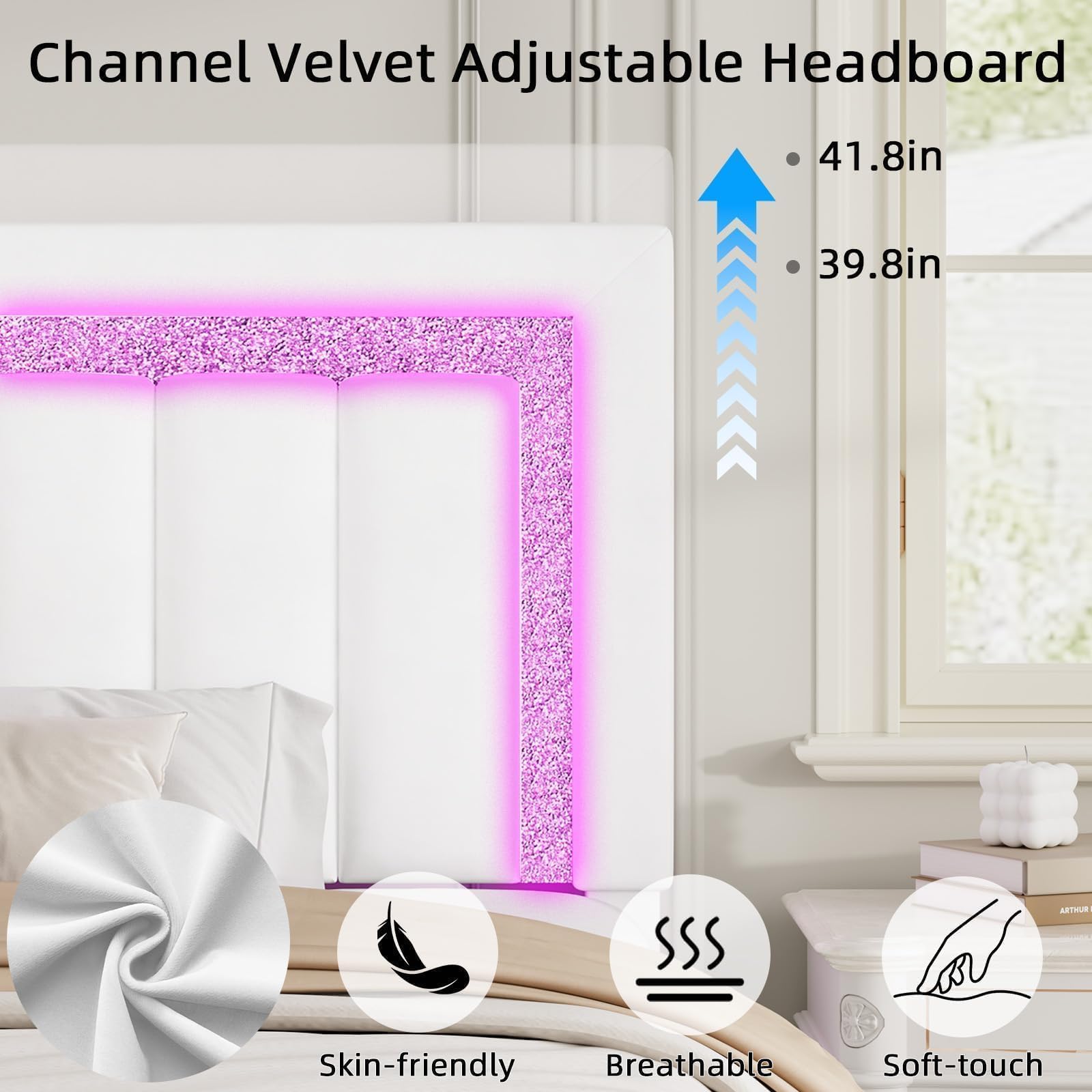 HOMBCK Queen Size Bed Frame with LED Lights and Velvet Upholstered Headboard, Bed Frame Queen with Modern Diamond Headboard Adjustable, Wooden Slats Support, Noise Free, No Box Spring Needed, White