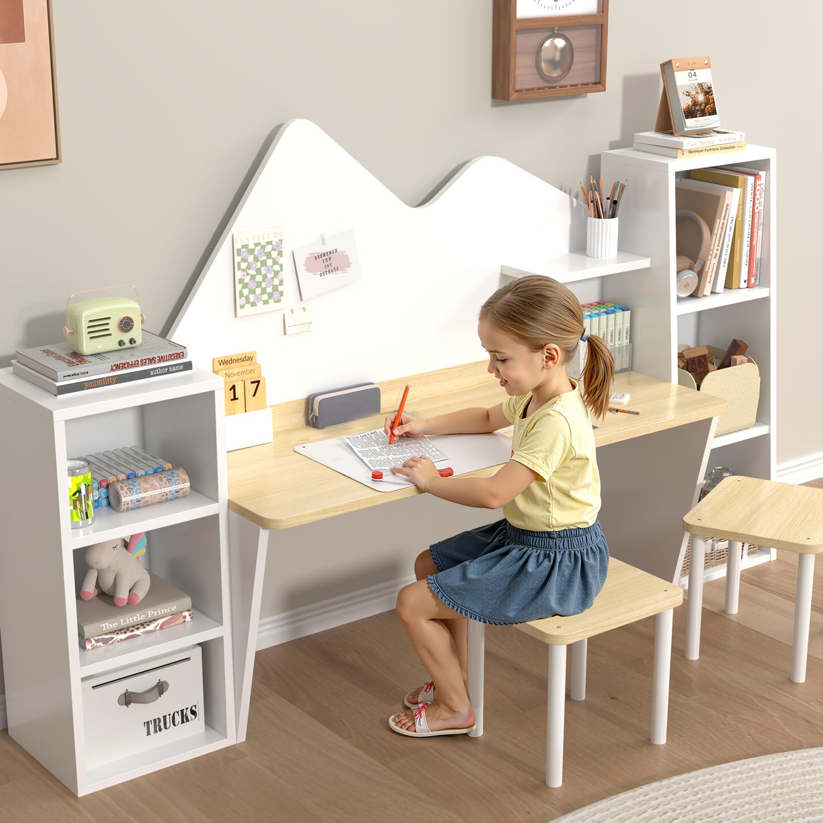 NKUGCFC Wooden Kids Study Desk with Bookshelves and 2 Stools,Kids Desk and Chair Set with 6 Storage Cabinets for Ages 3-8,Boys & Girls Study Desks for Bedroom and Kidsroom
