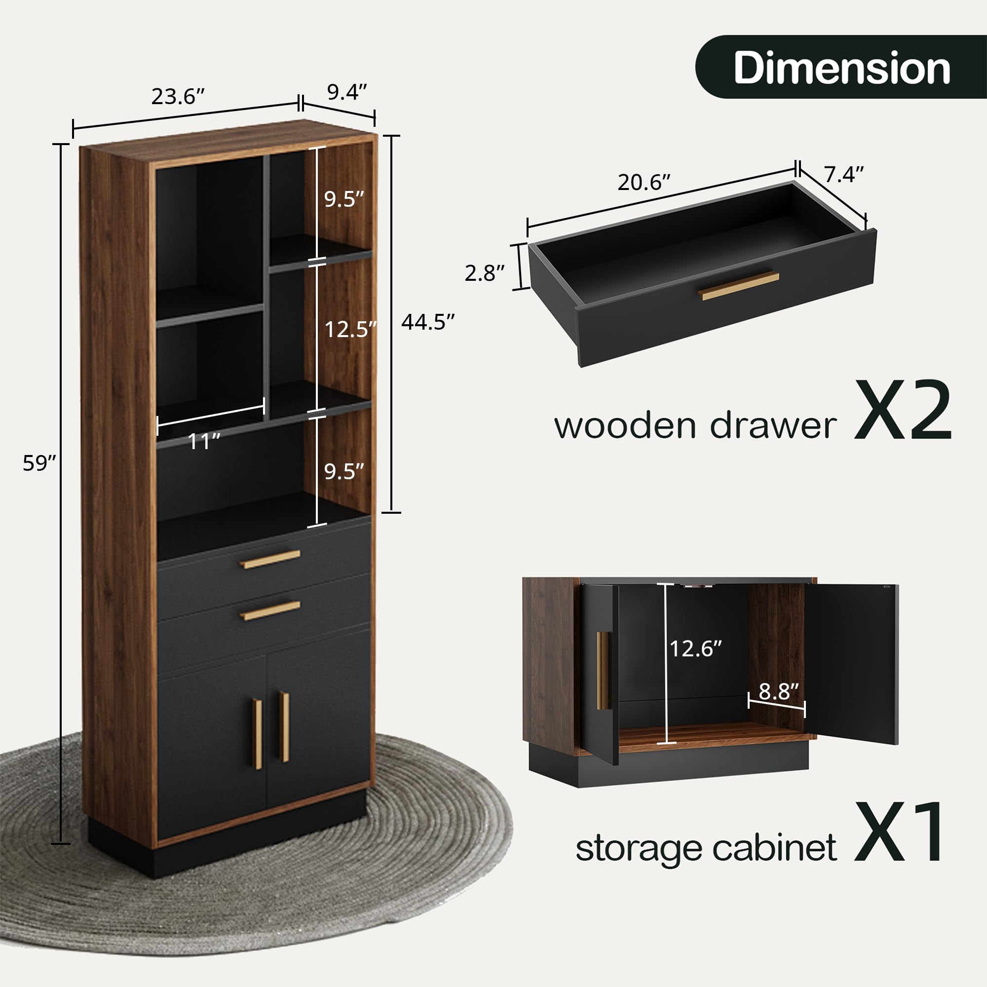 Wood Bookcase with 2 Drawers and Doors