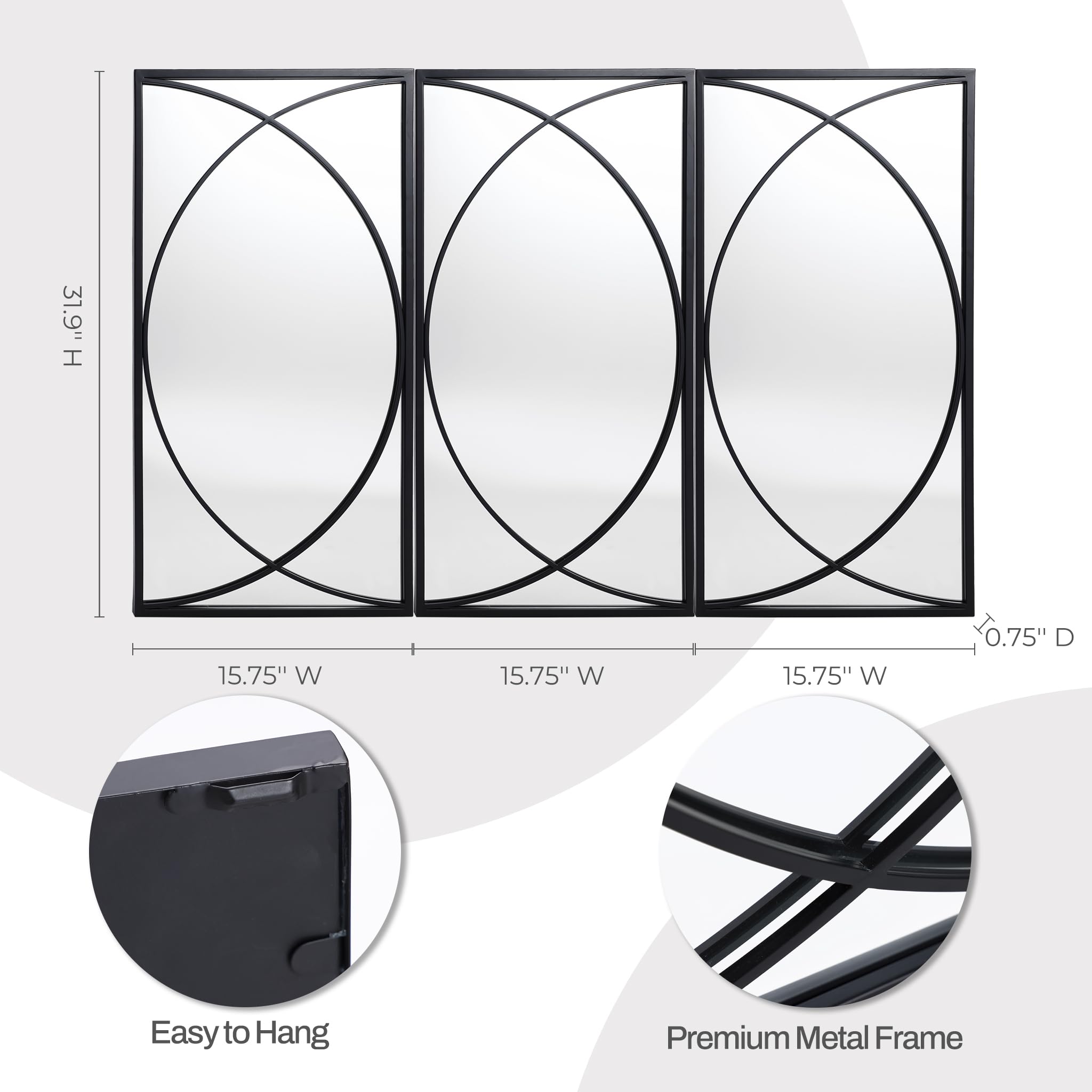 3-Piece Black Metal Rectangular Wall Mirror Set