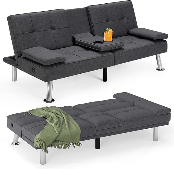Futon Sofa Bed with Cup Holders and USB Charging Port