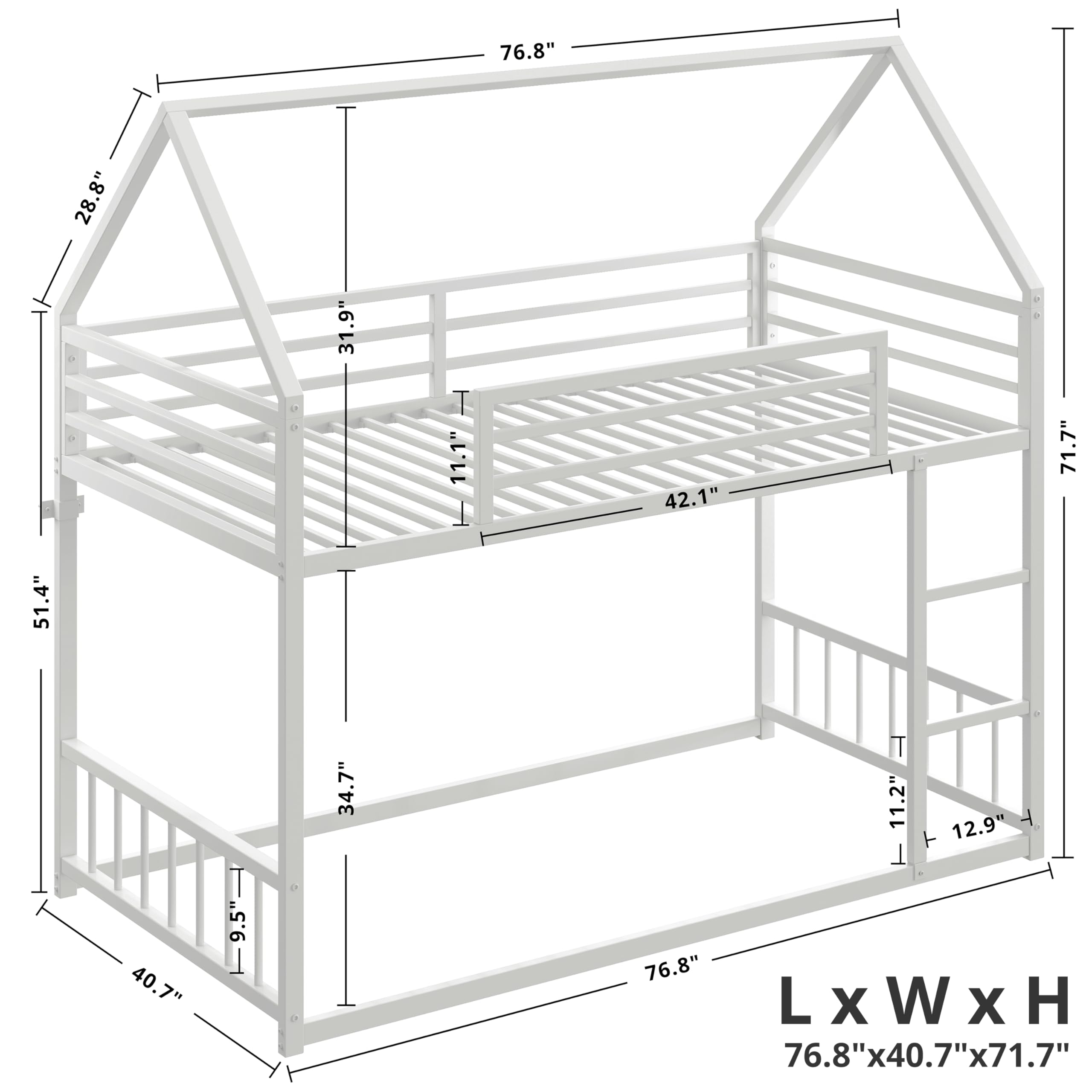 Twin Over Twin House Bunk Bed with Ladder and Guardrail