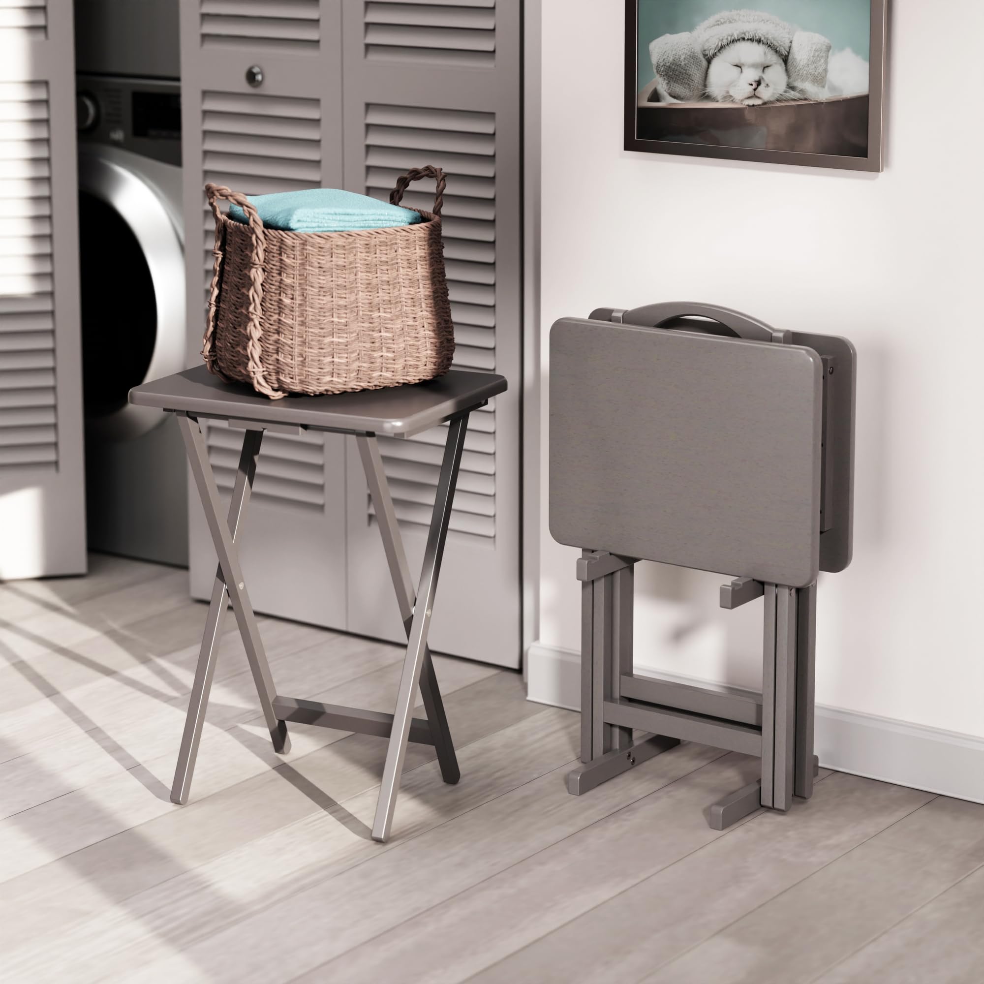 4 Snack Tables with Storage Stand Oyster Gray