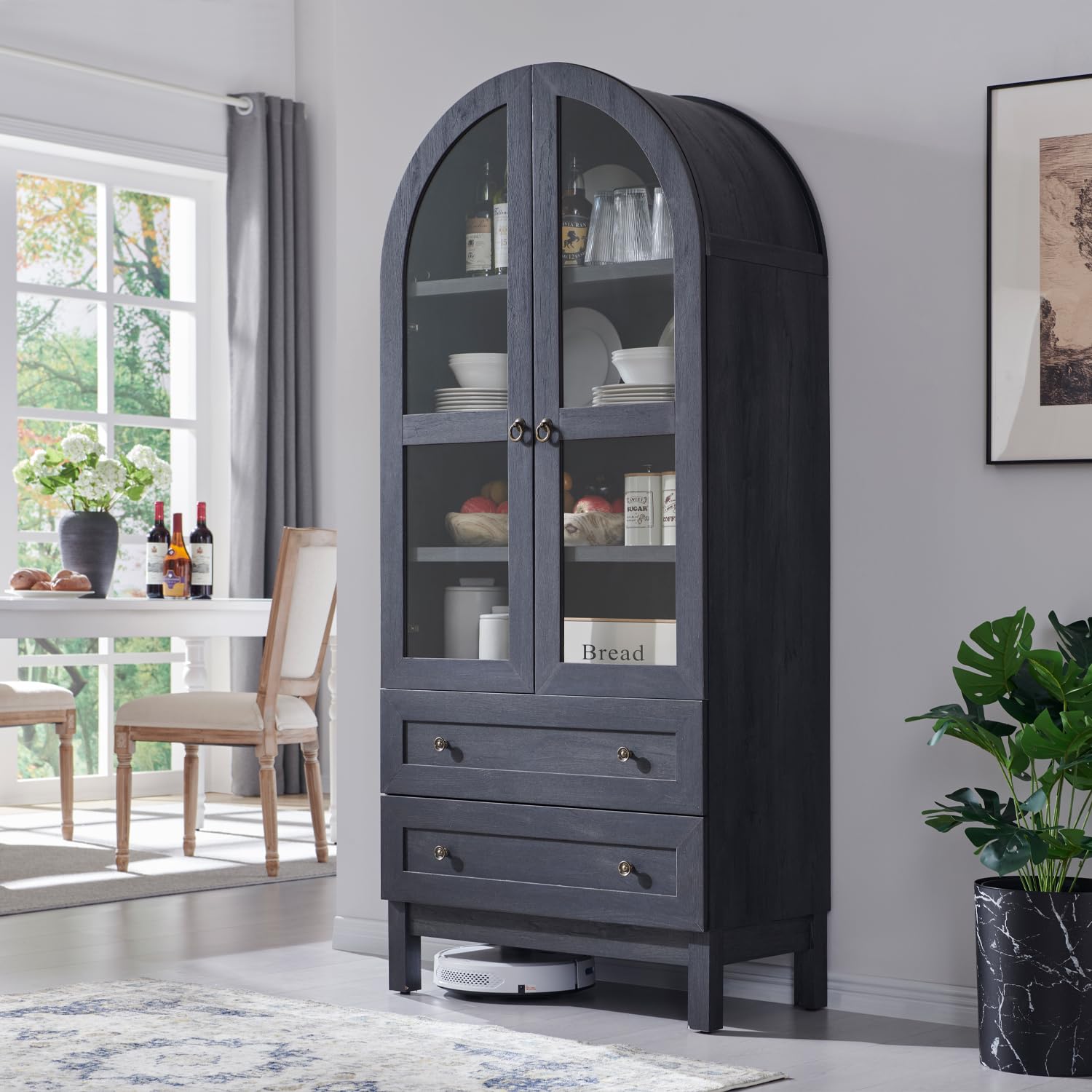 71" Tall Arched Kitchen Pantry Cabinet with Glass Doors