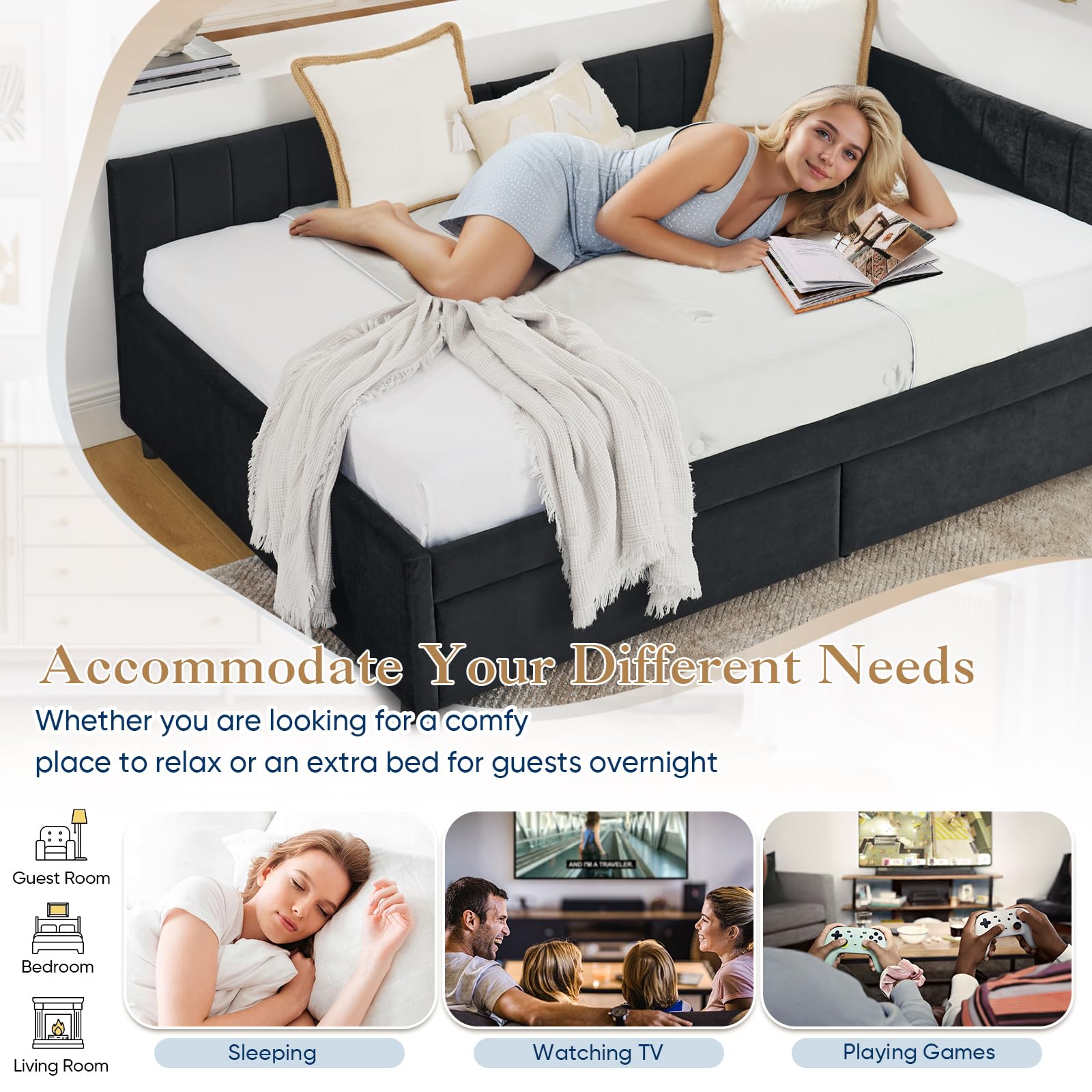 Full Daybed with Storage Drawers and Tufted Velvet Upholstery