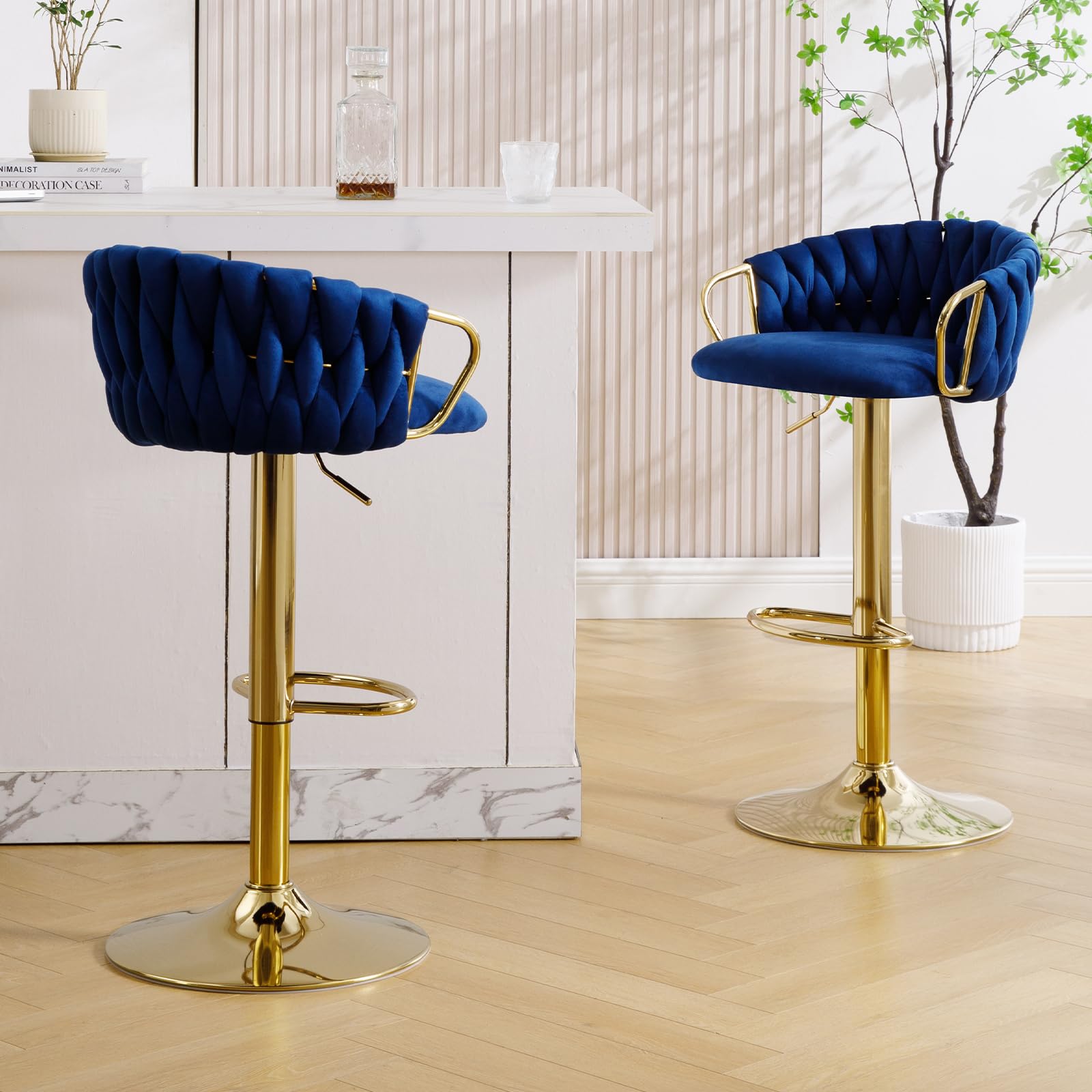 Velvet Bar Stools Set of 2 with Woven Back