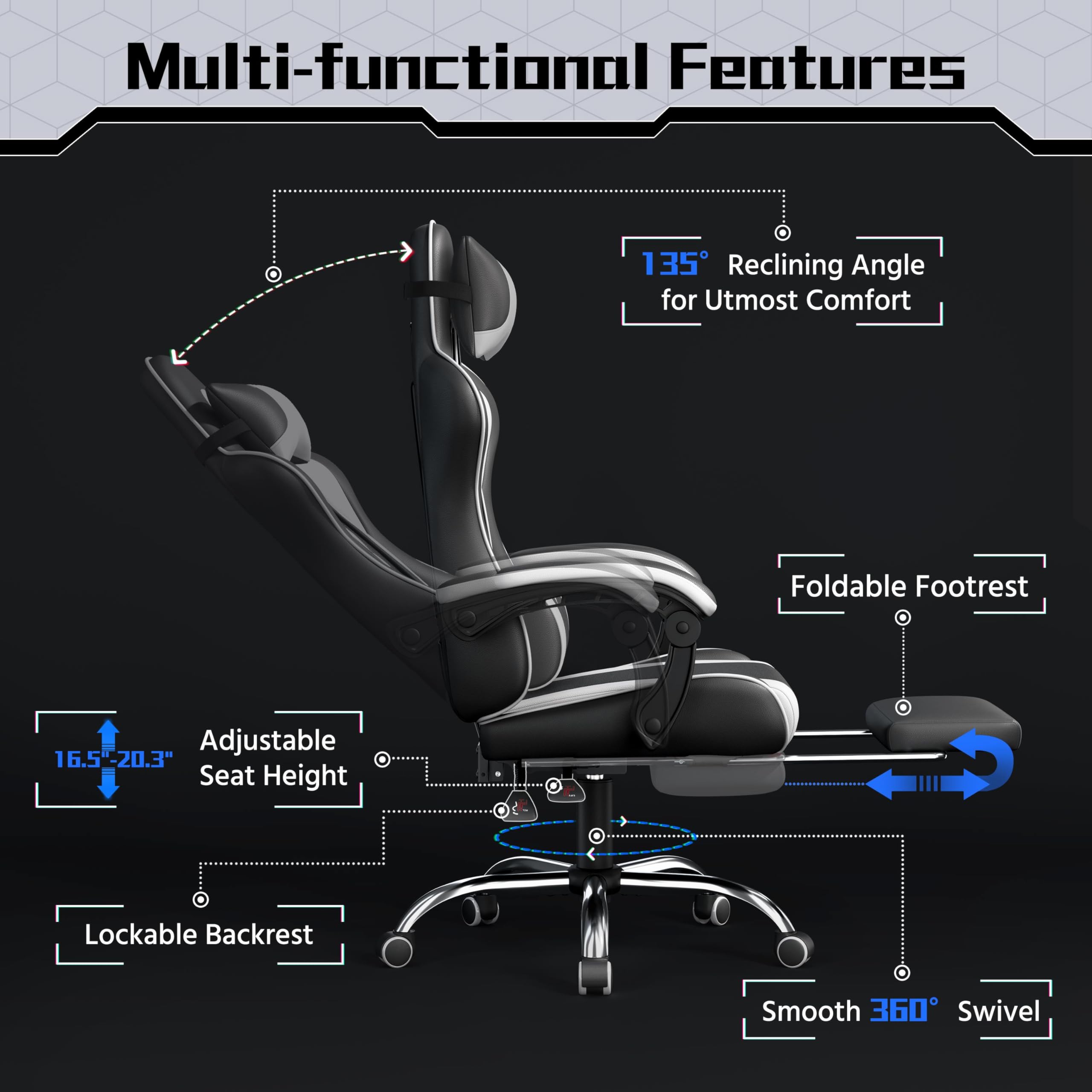 Gaming Chair with Massage Lumbar Support and Footrest