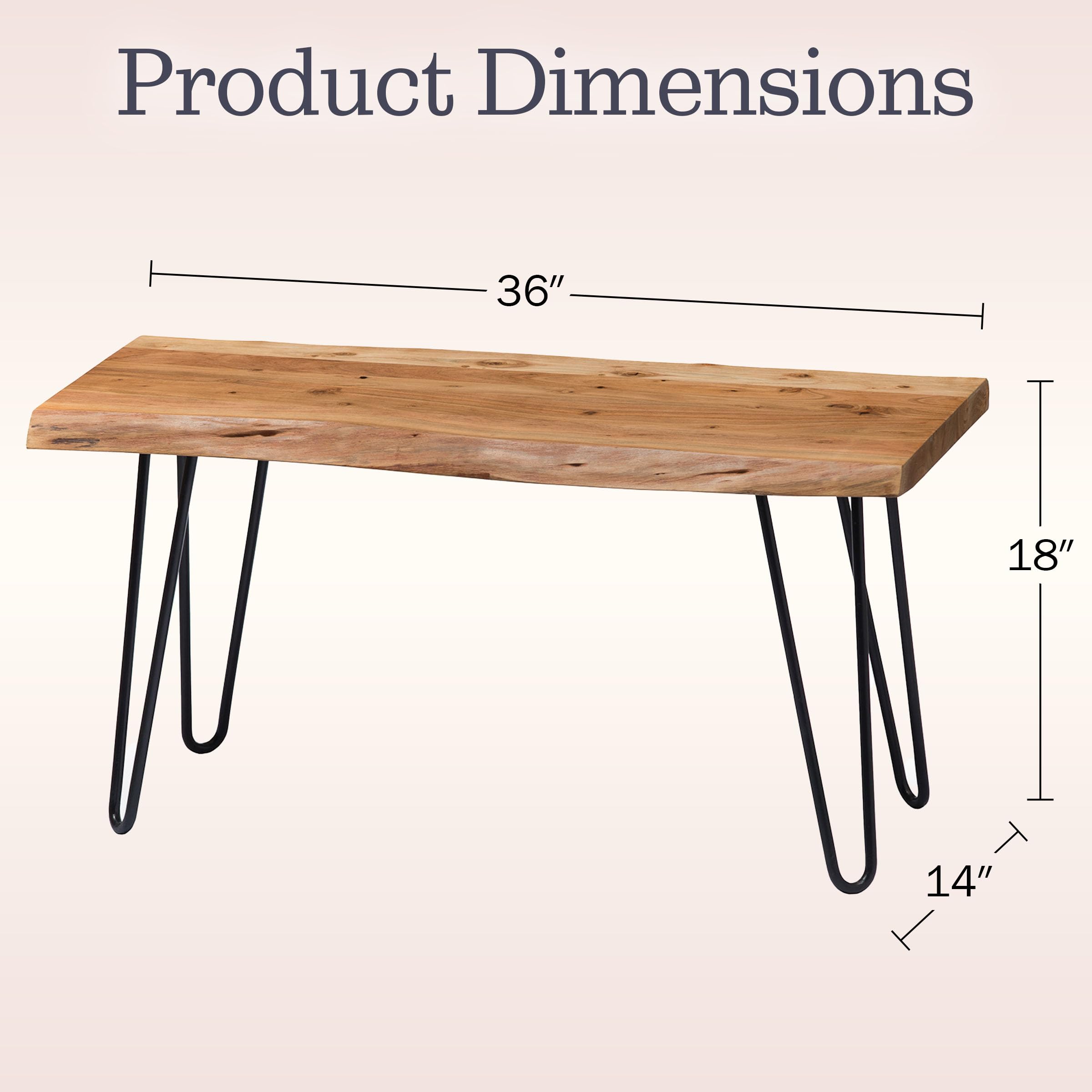 Live Edge Solid Wood Bench with Metal Hairpin Legs 36 Inch