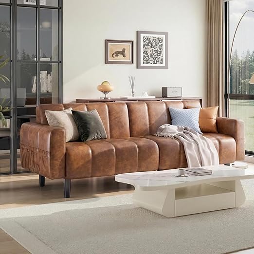Mid-Century Modern Convertible Leather Futon Sofa