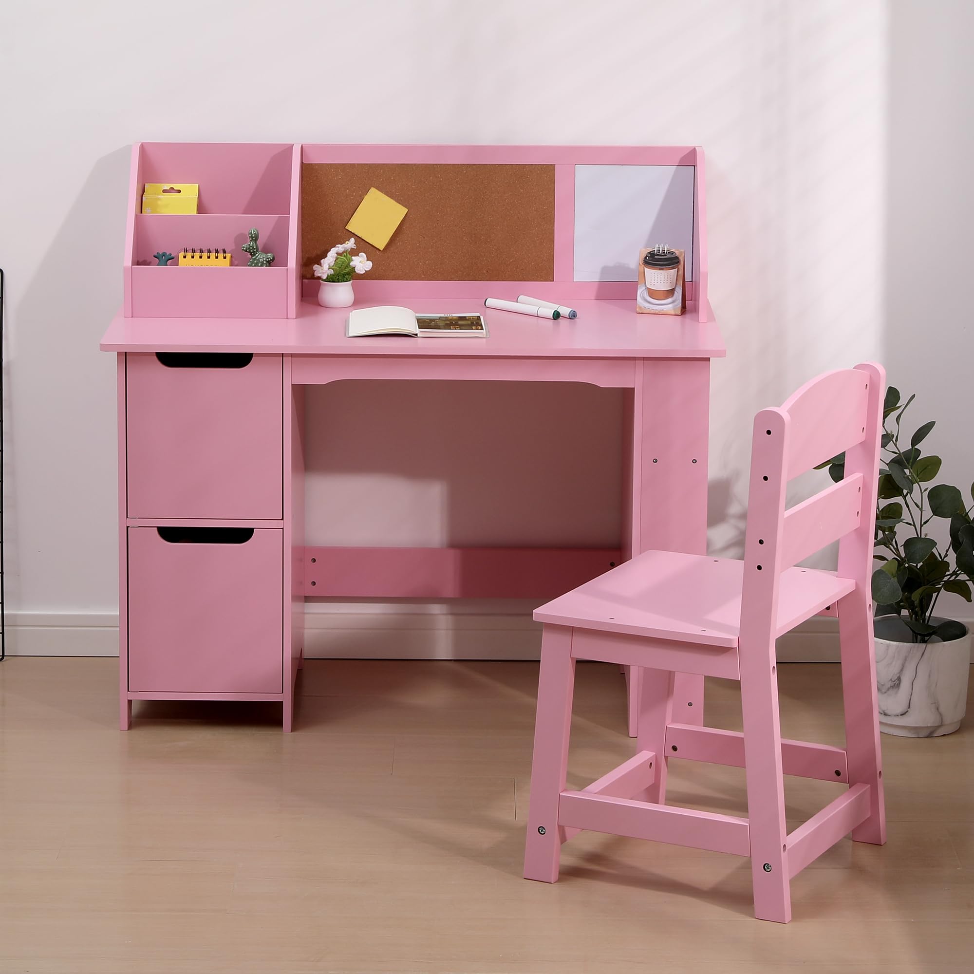 Kids Study Desk and Chair Set with Storage Hutch