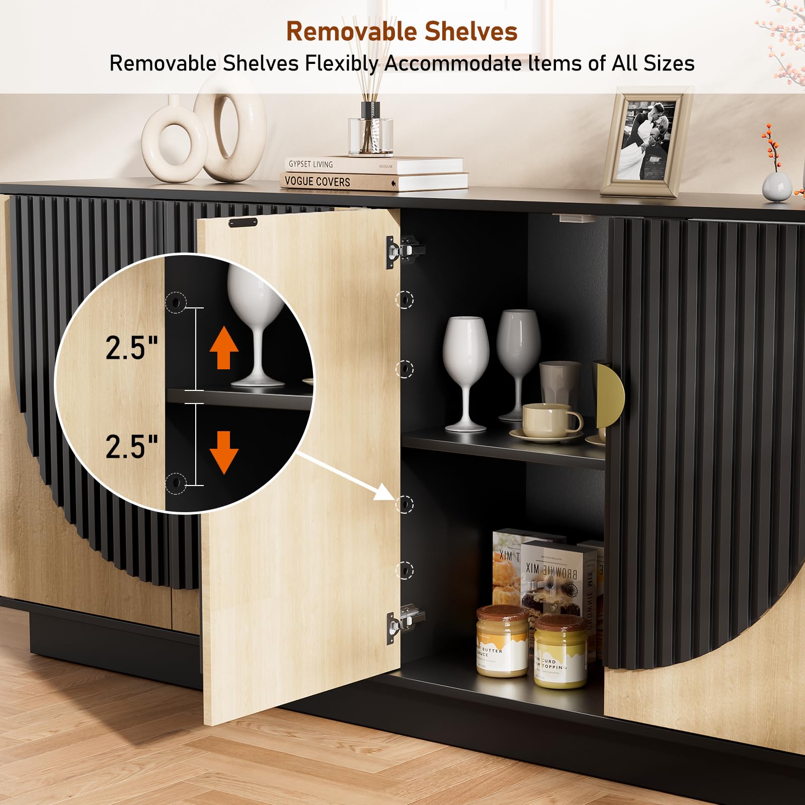 63 Inch Fluted Buffet Cabinet with Storage