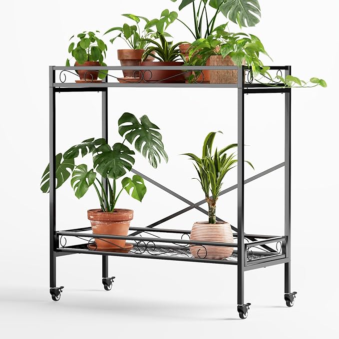 2-Tier Metal Plant Stand with Wheels - 440 lbs Capacity
