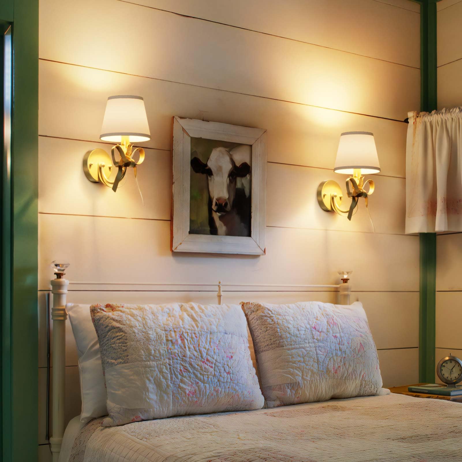 Gold Bow Wall Sconces Set of 2 with White Fabric Shades