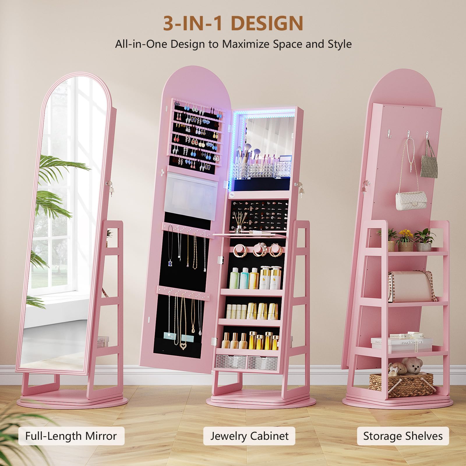 360° Swivel Jewelry Cabinet with Full Length Mirror and LED Lights