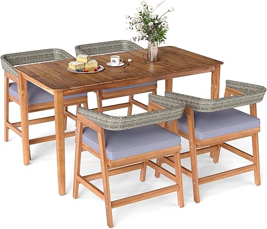 5 Piece Patio Dining Set with Round Table and Cushioned Chairs