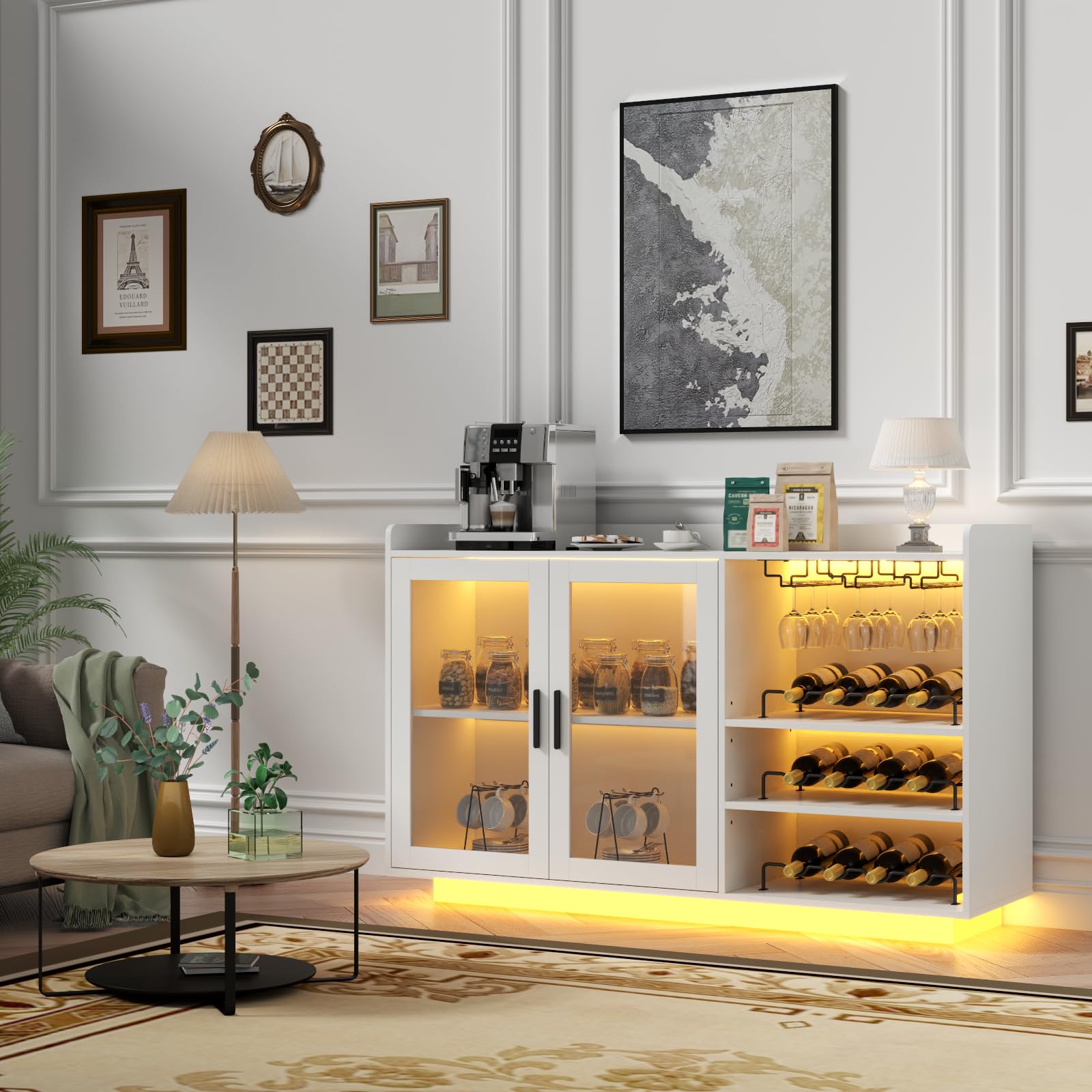 Wine Bar Cabinet with LED Lights and Glass Doors