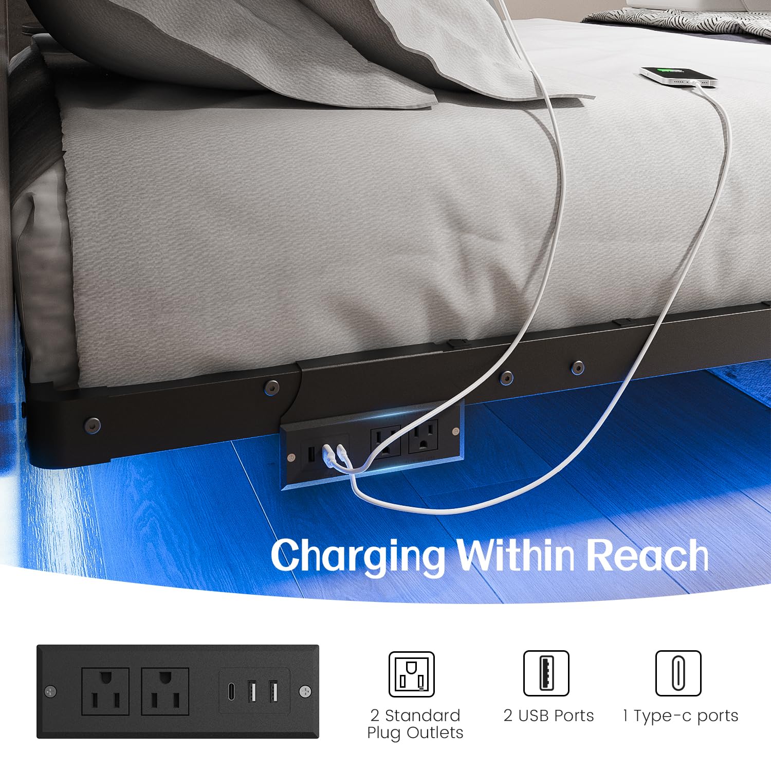 Queen Size Floating Bed Frame with USB Charging Station and LED Lights