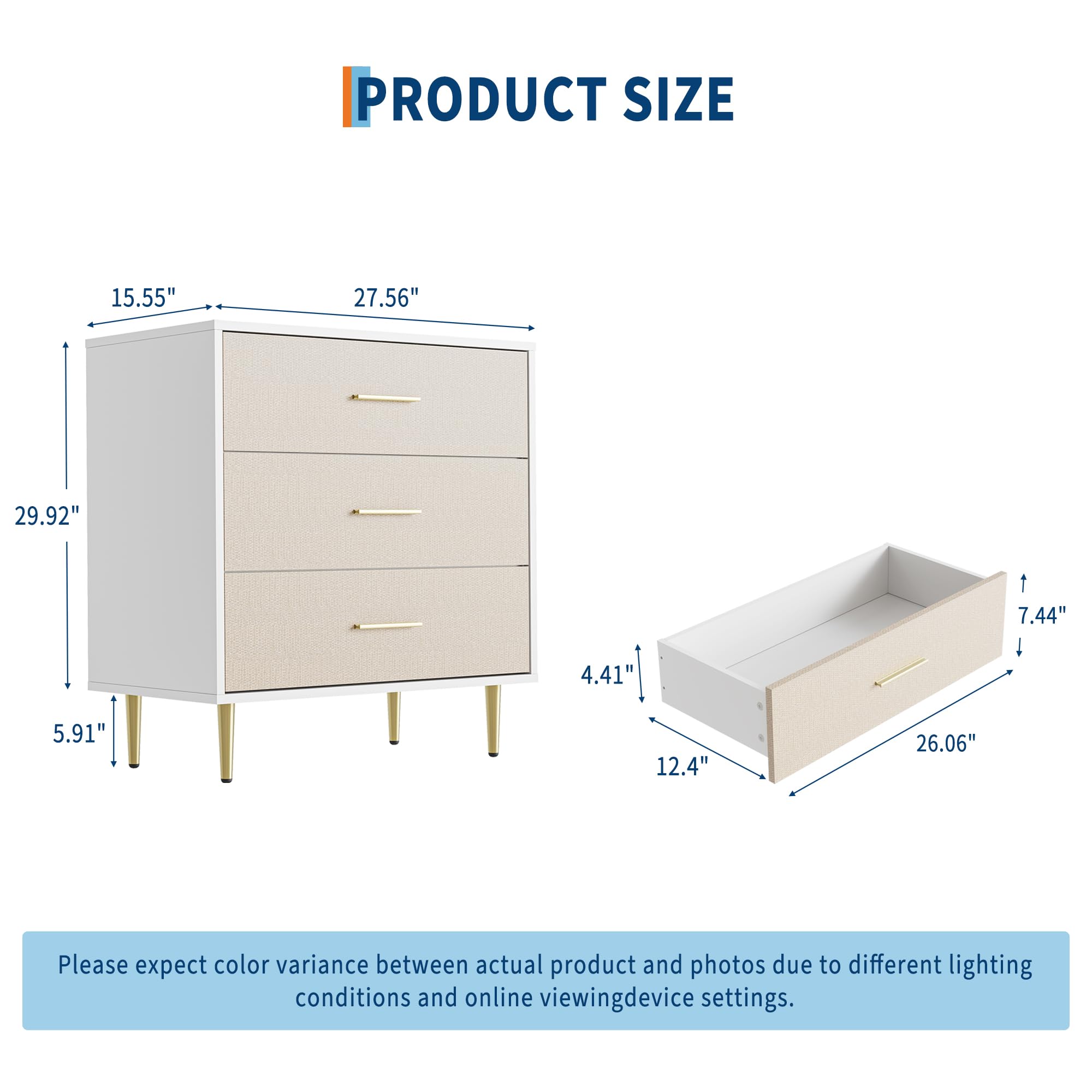 3-Drawer White Dresser with Gold Handles