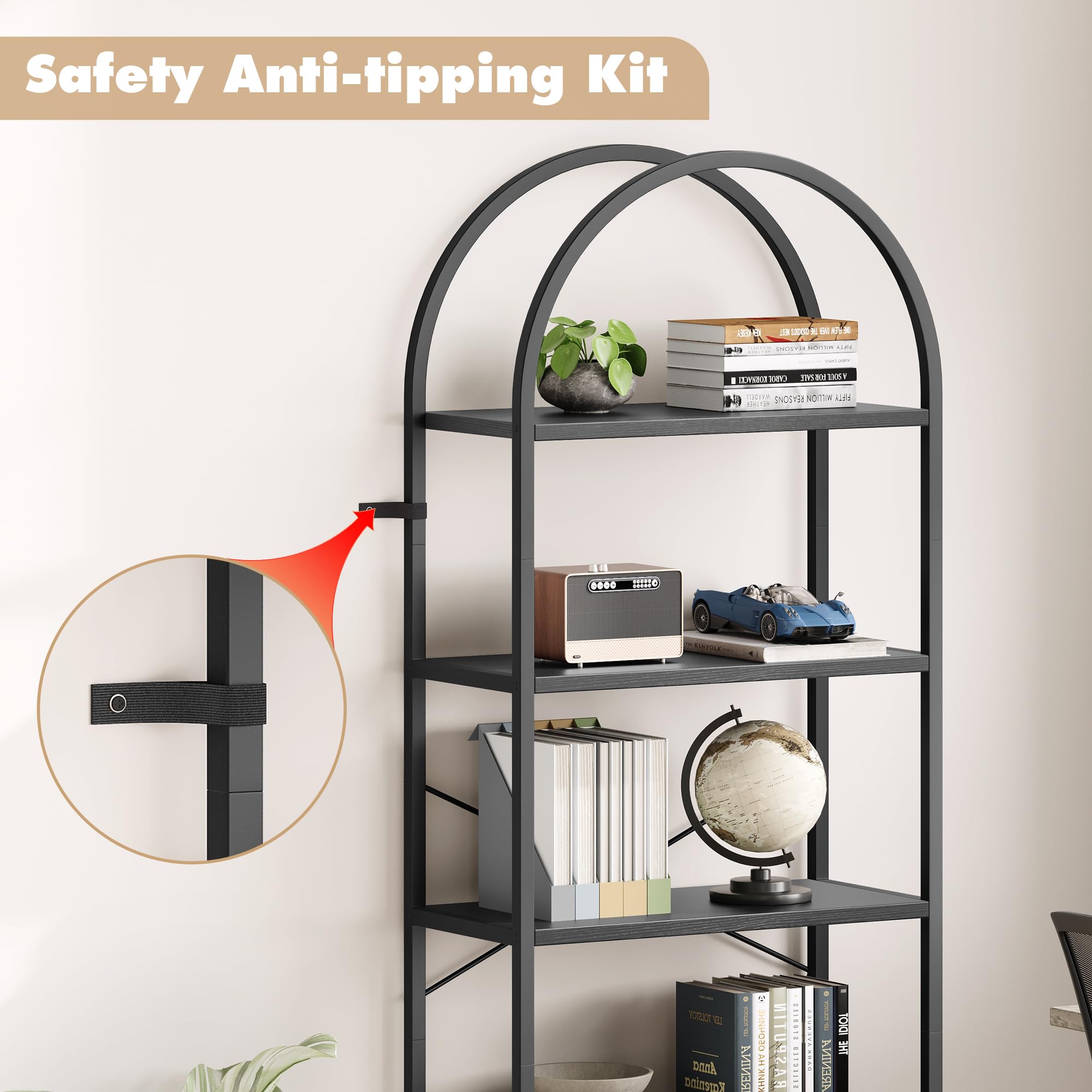 71" Arched Bookshelf 5-Tier Metal Frame