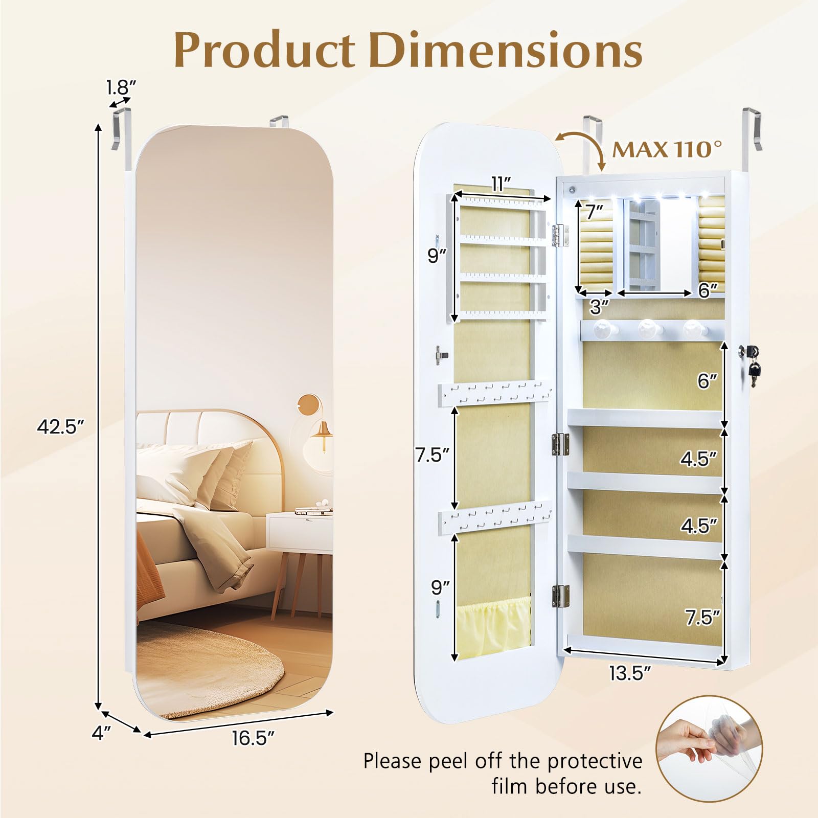Wall Mounted Jewelry Armoire with Full Length Mirror