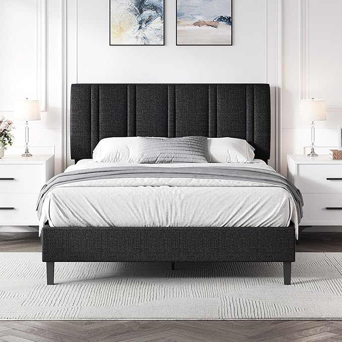 Twin Bed Frame with Upholstered Linen Headboard