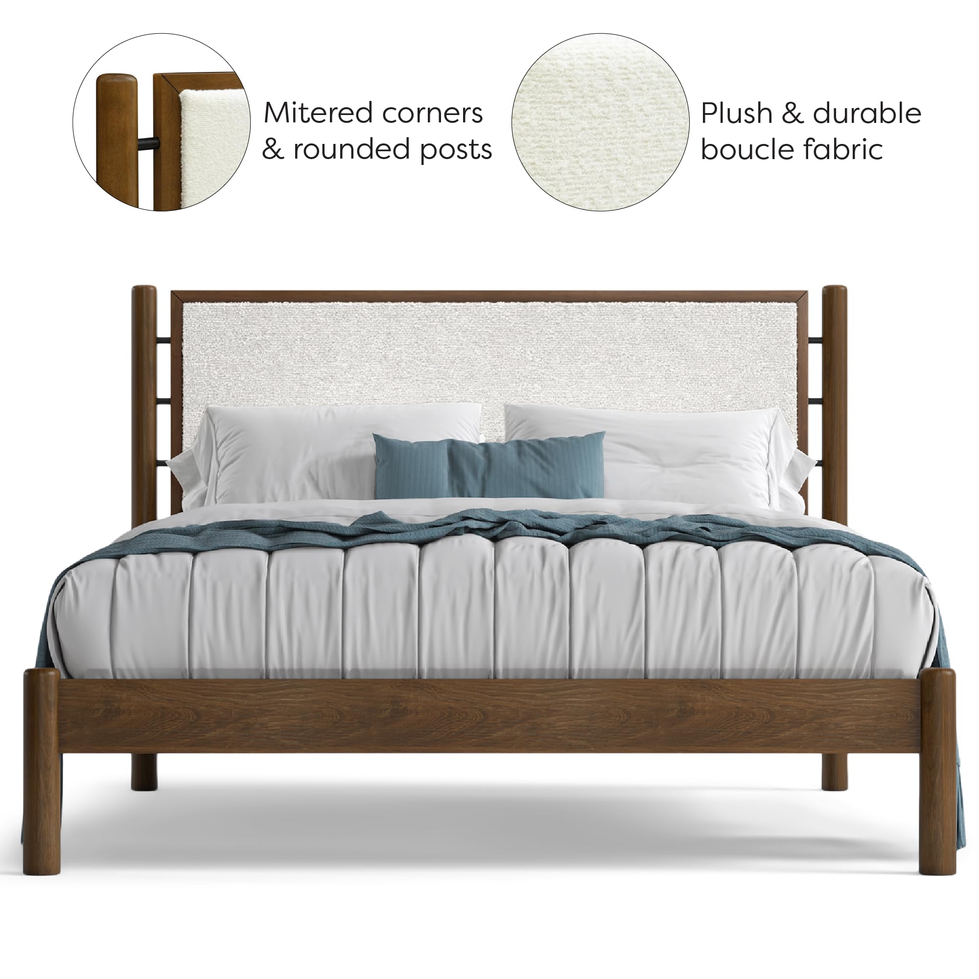 Queen Solid Wood Bed Frame with Upholstered Boucle Headboard