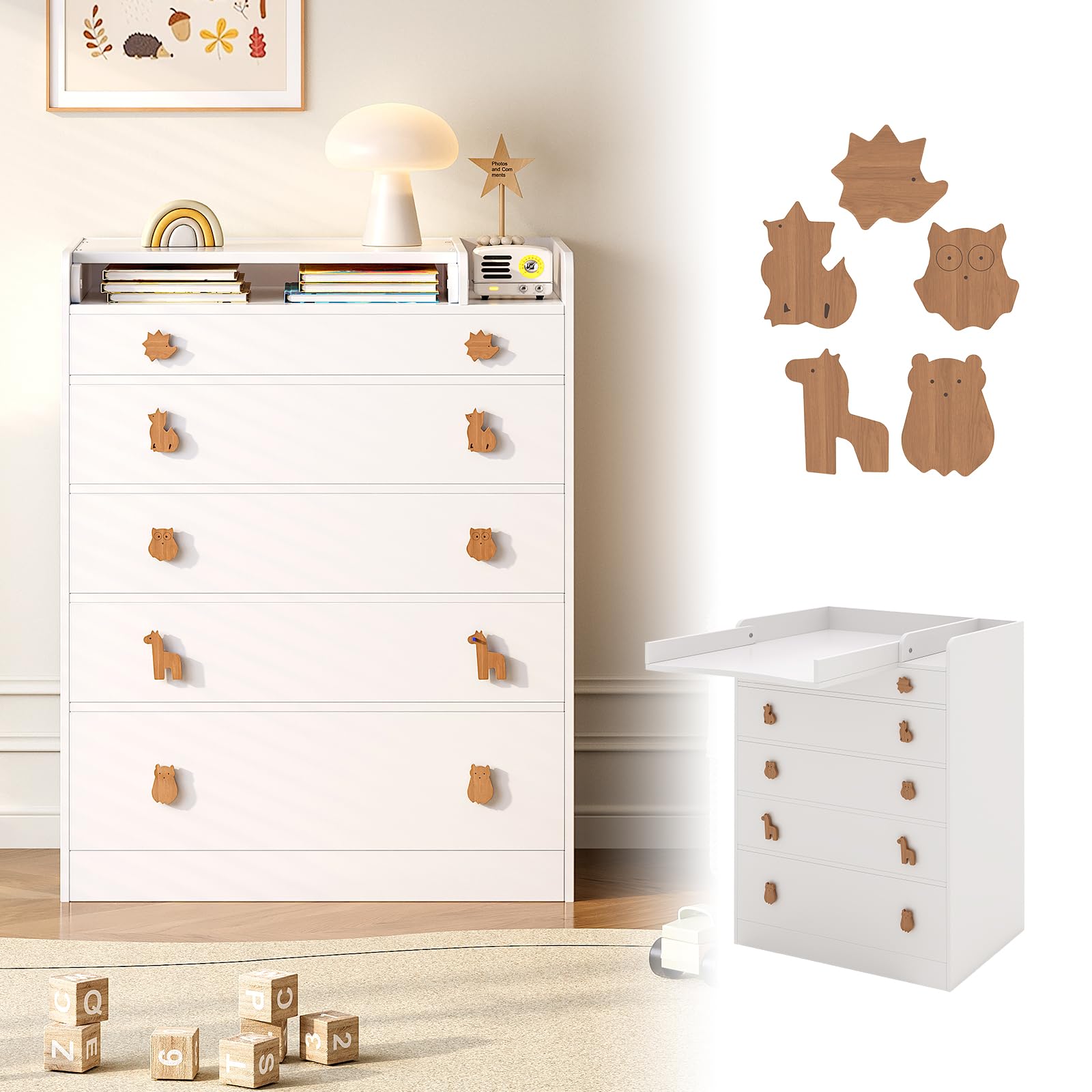 Changing Table Dresser with Foldable Top and 5 Drawers