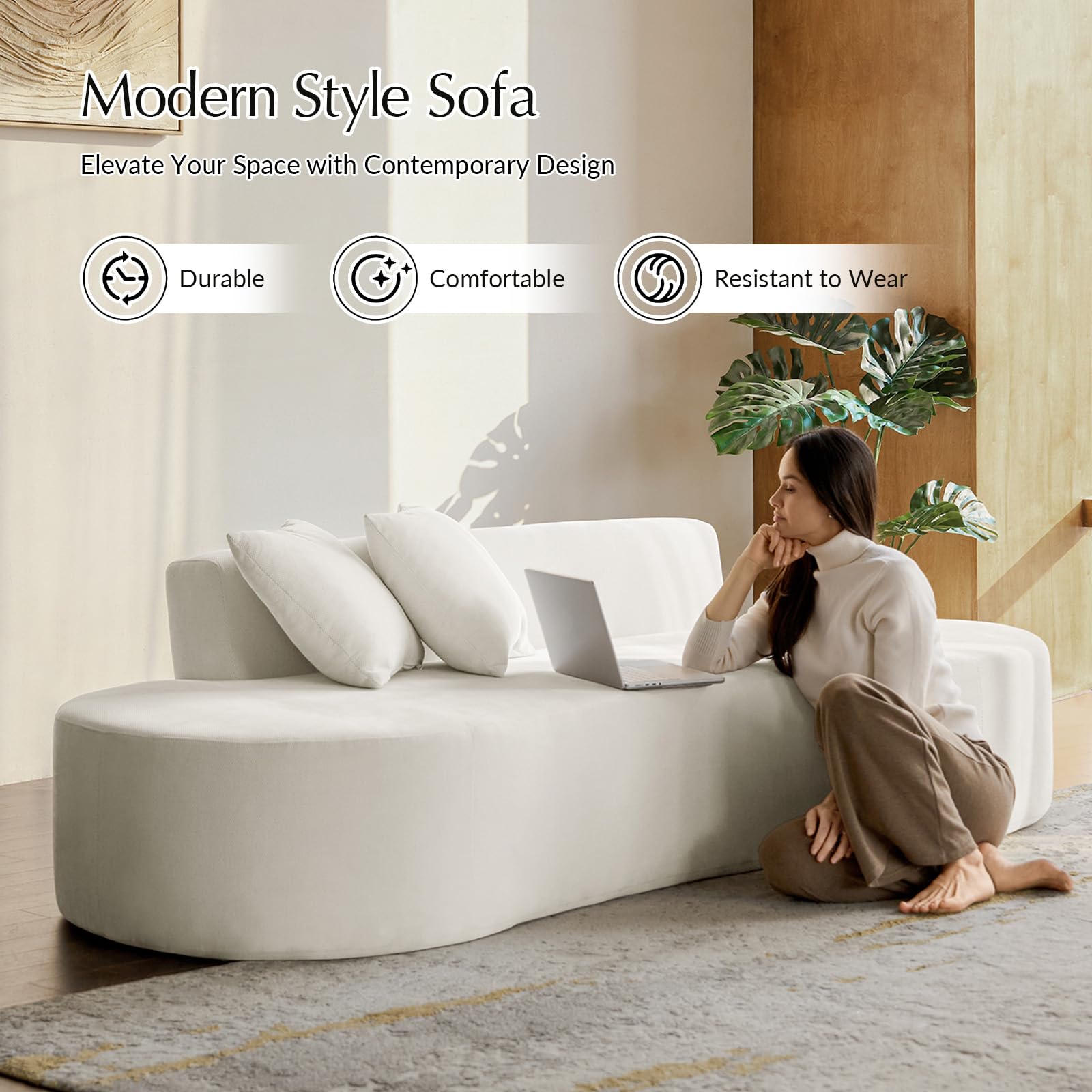 94.5" Curved Boneless Couch with Two Pillows