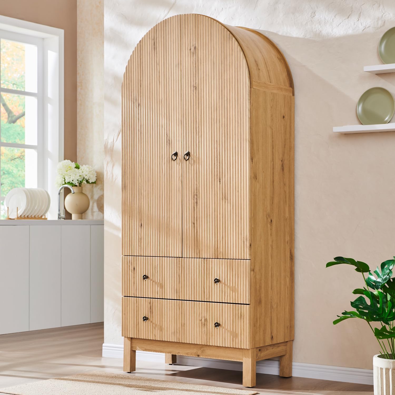 Fluted Arched Pantry Cabinet 71" Tall Kitchen Storage with Adjustable Shelves