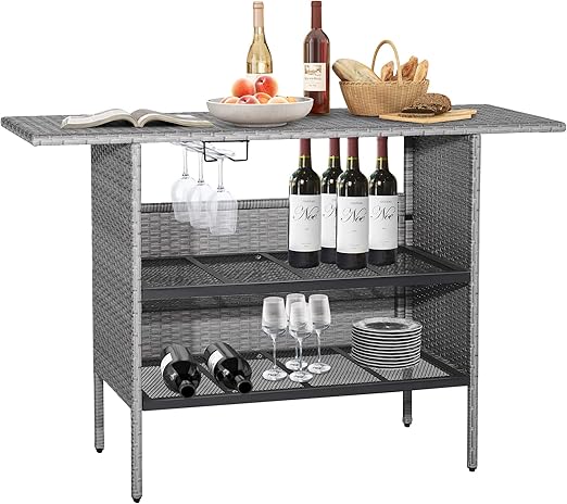 Outdoor Wicker Bar Table with Storage Shelves
