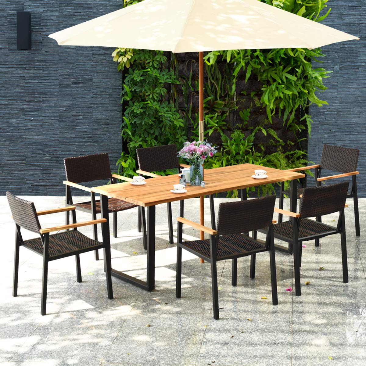 7-Piece Outdoor Dining Set with Acacia Wood Table and Rattan Chairs