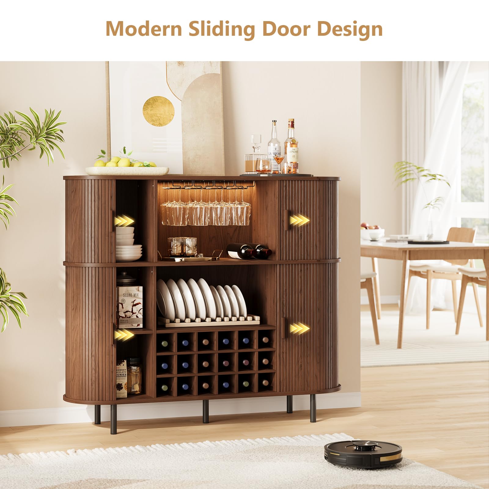 Wine Bar Cabinet with LED Lights and Power Outlet