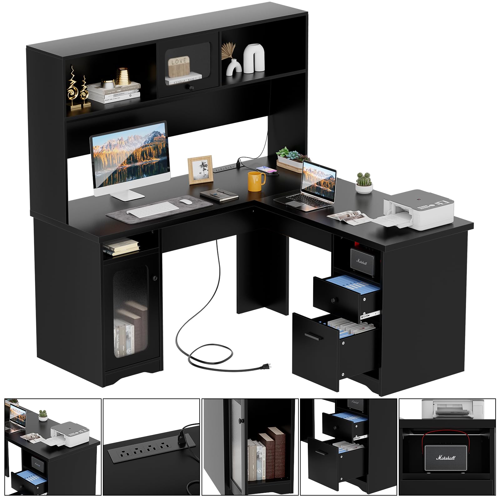 L-Shaped Office Desk with Hutch 60 Inch