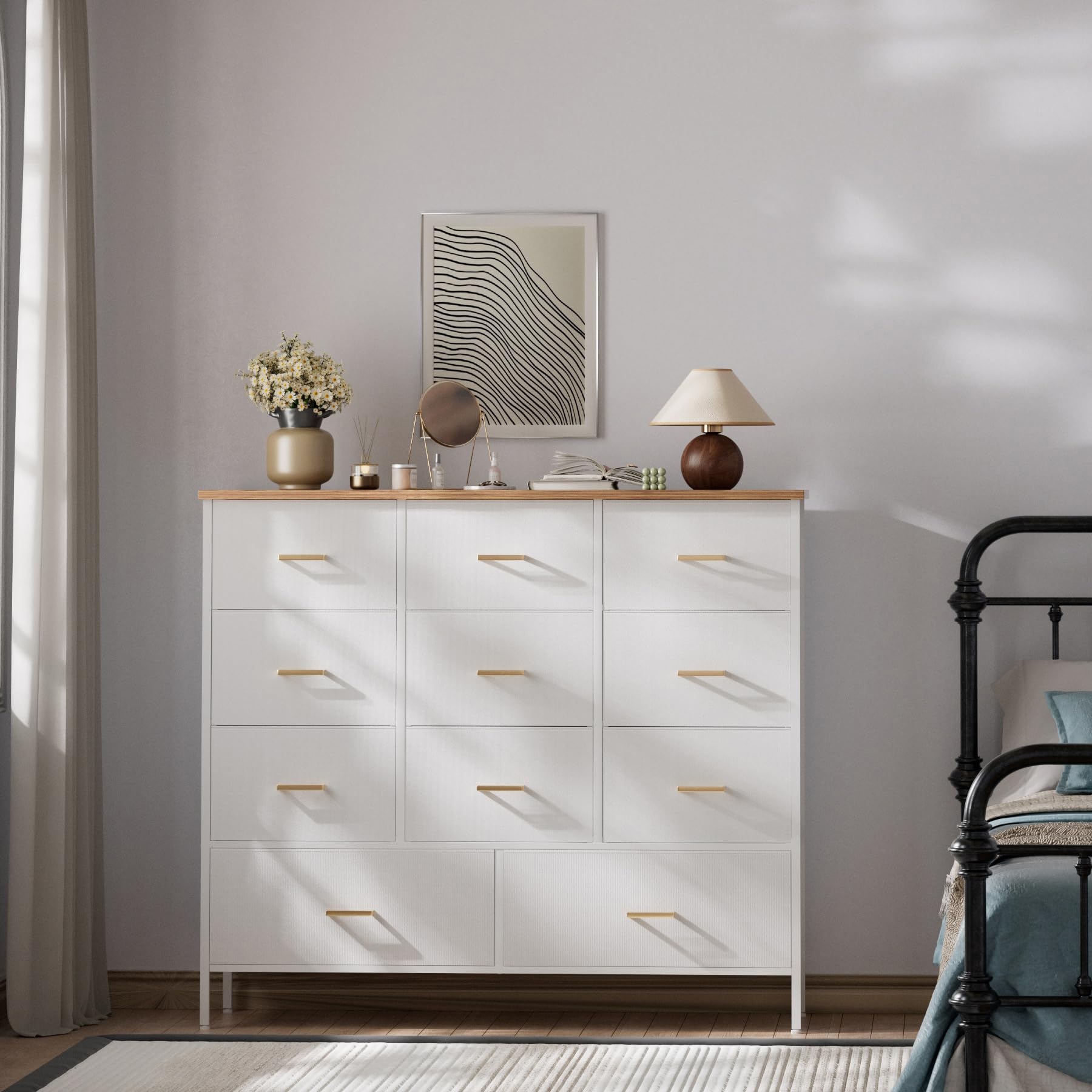 11-Drawer Wide Dresser with Fabric Storage