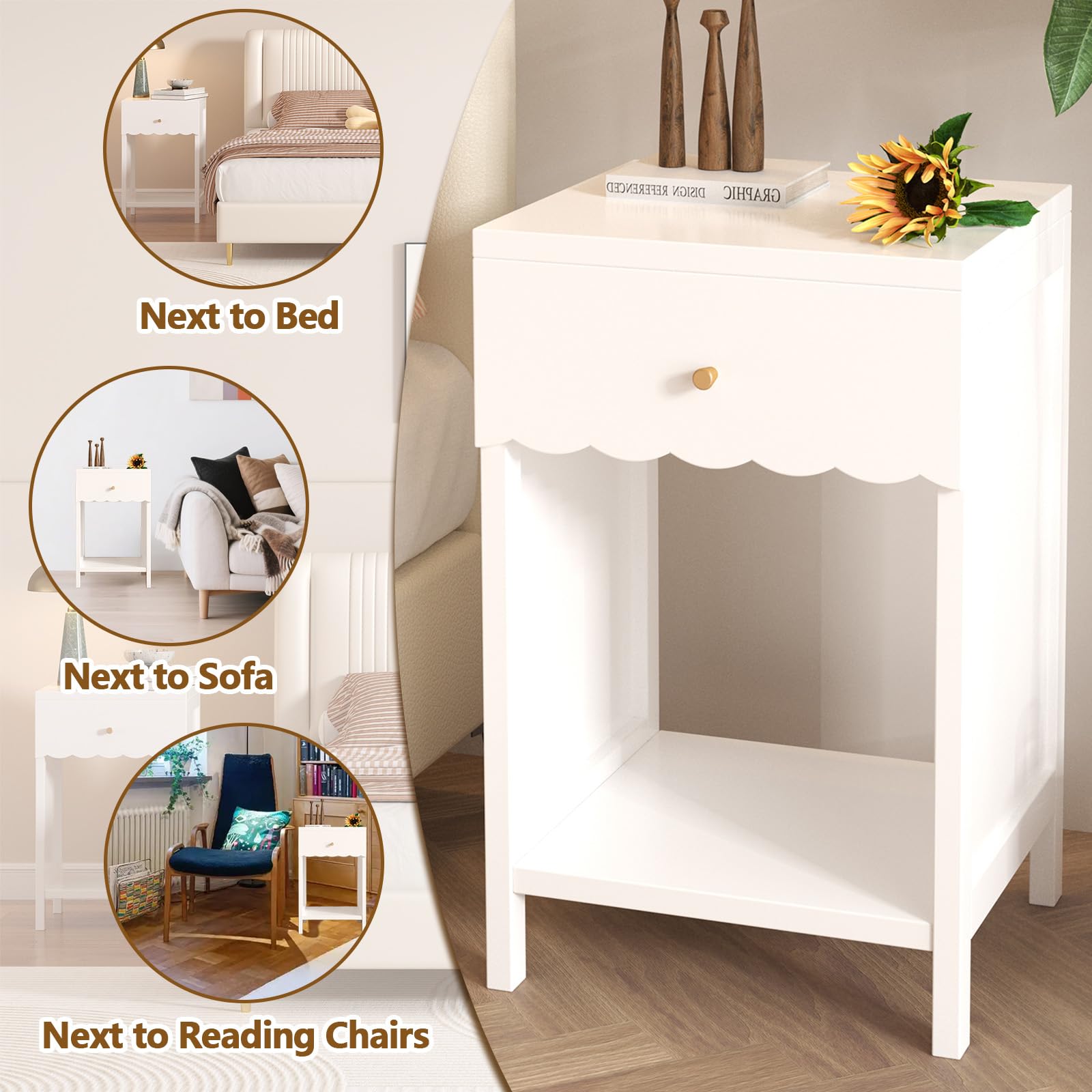 Scalloped Edge Nightstand with Drawer and Storage Shelf