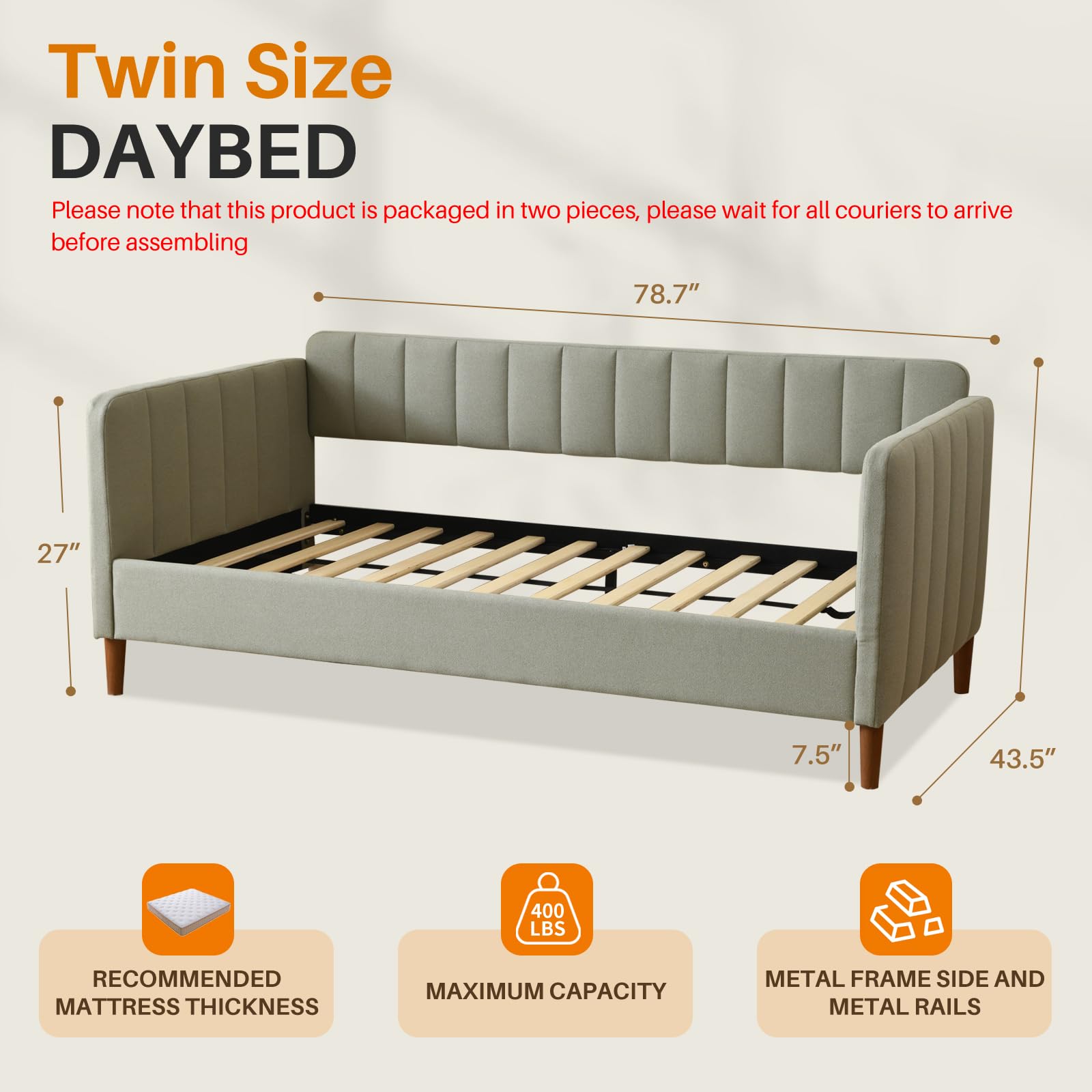 Twin Size Upholstered Daybed with Wood Slat Support - Light Green