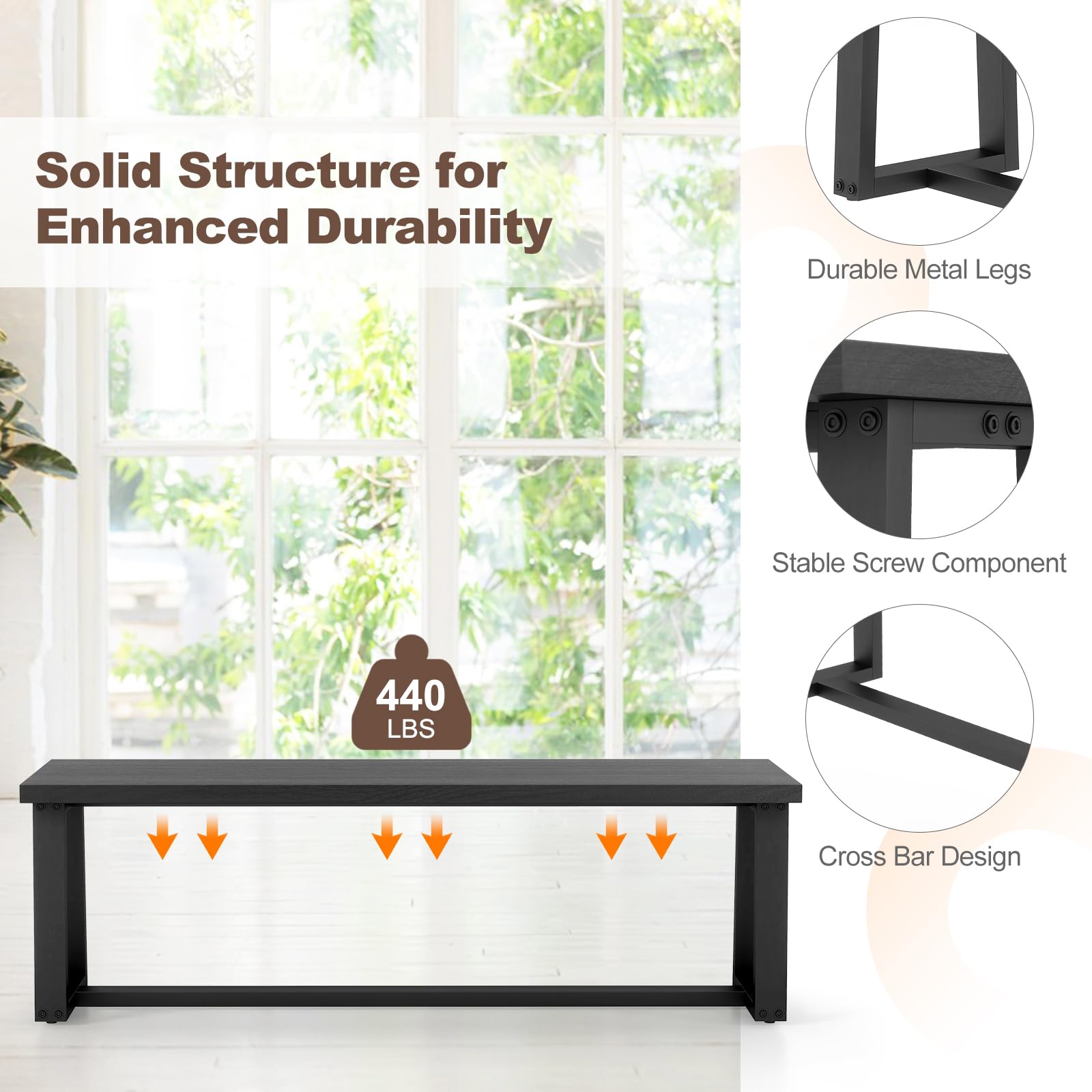 56.5" Wood Dining Bench with Metal Frame