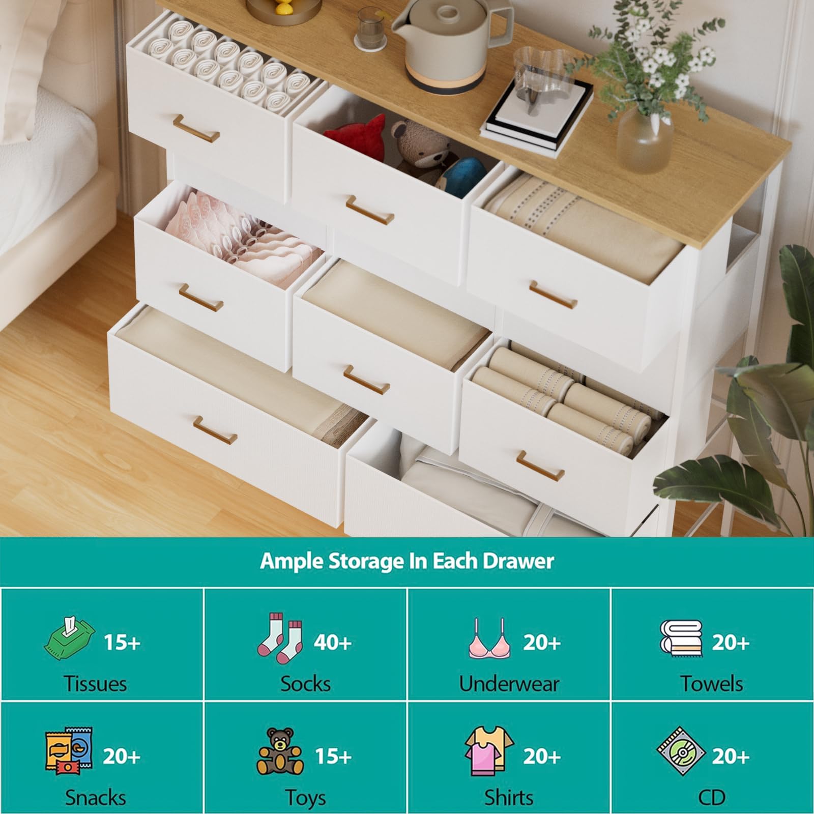 11-Drawer Wide Dresser with Fabric Storage