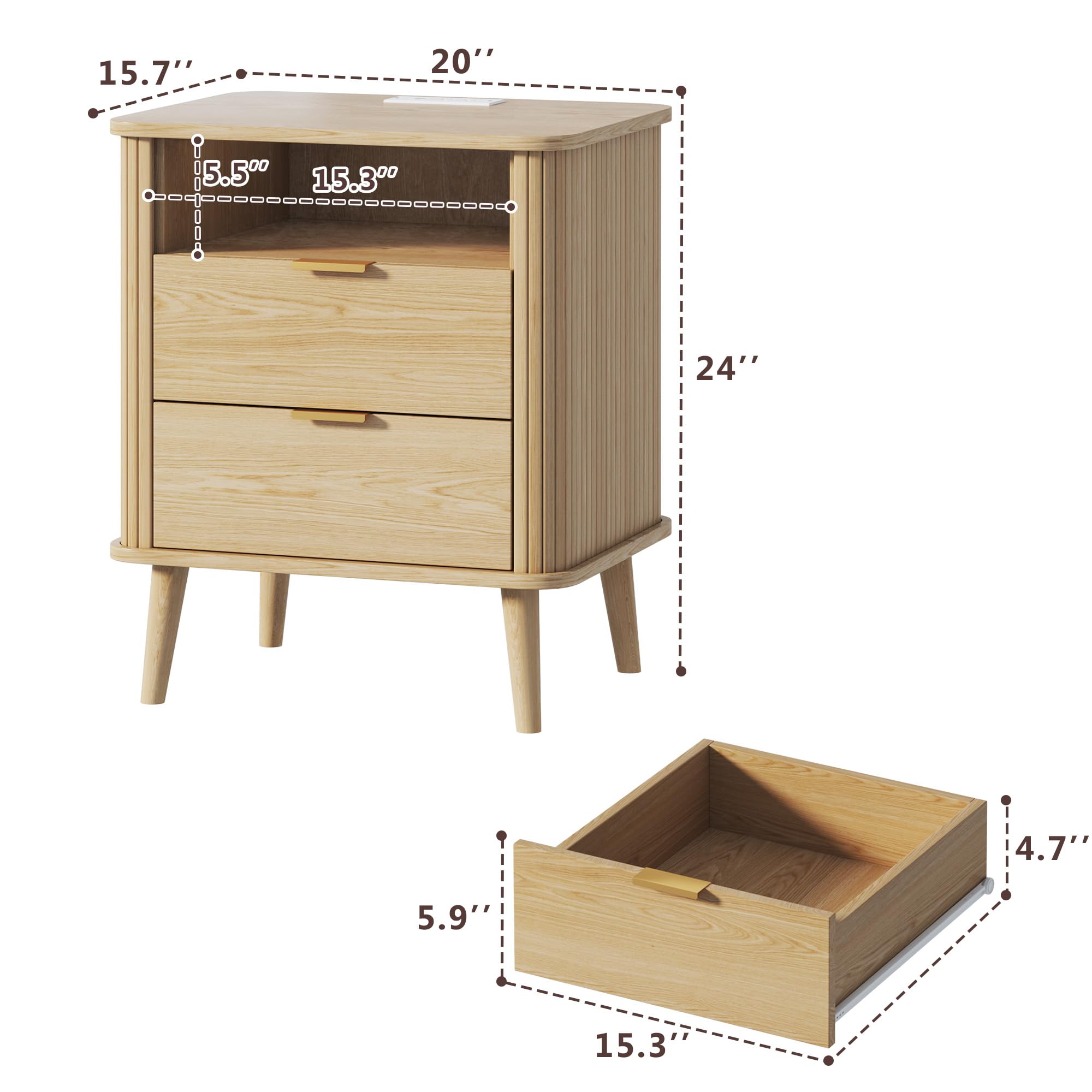 Fluted Nightstand with Charging Station