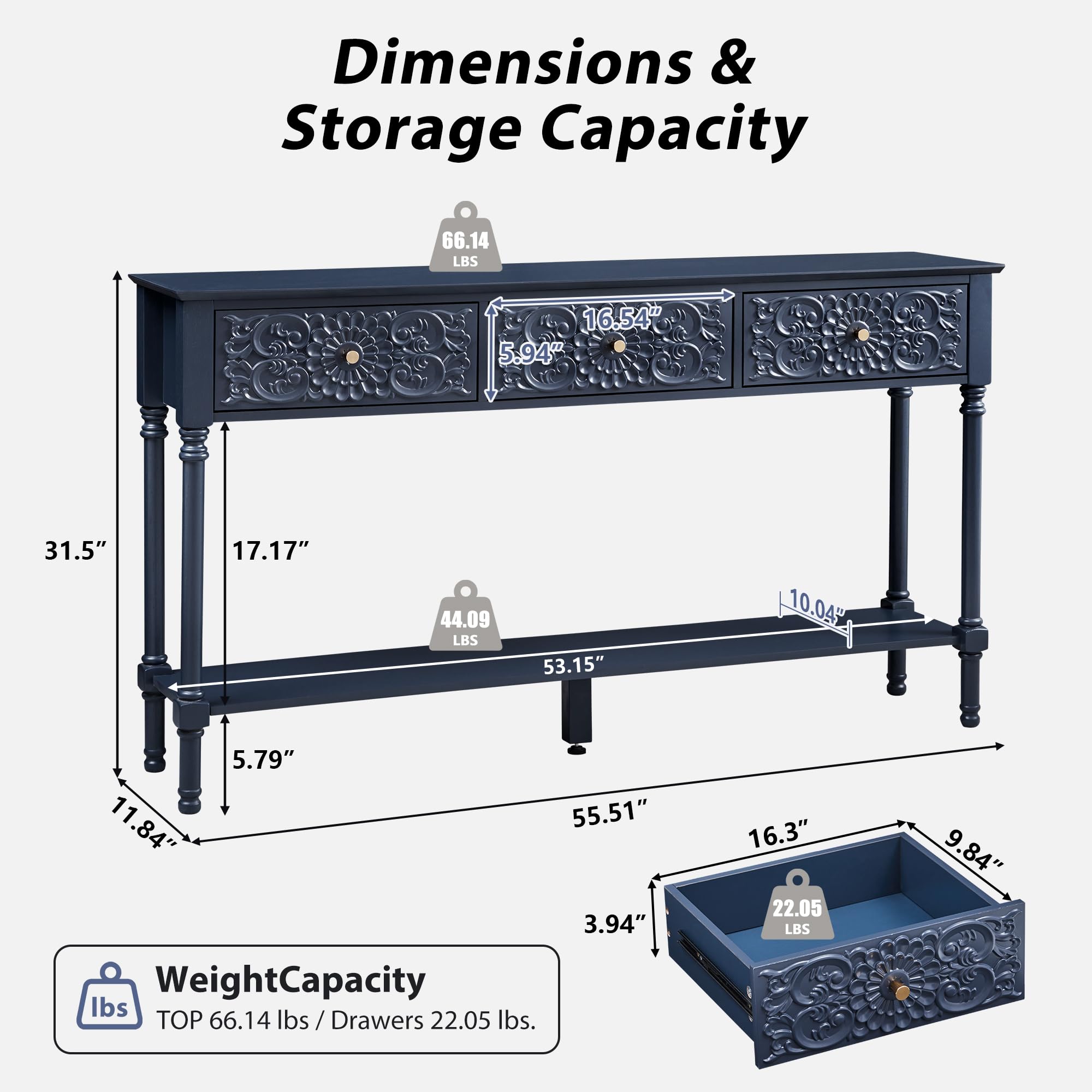 55.5" Carved Console Table with 3 Drawers