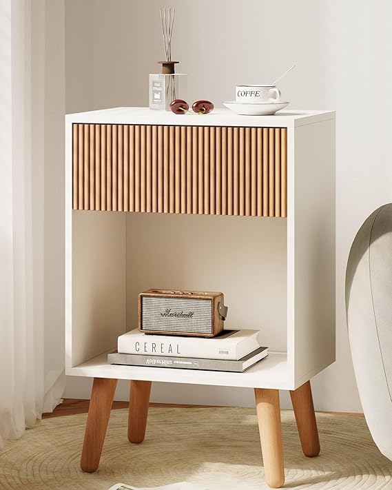 Modern White Oak Nightstand with Drawer and Open Shelf