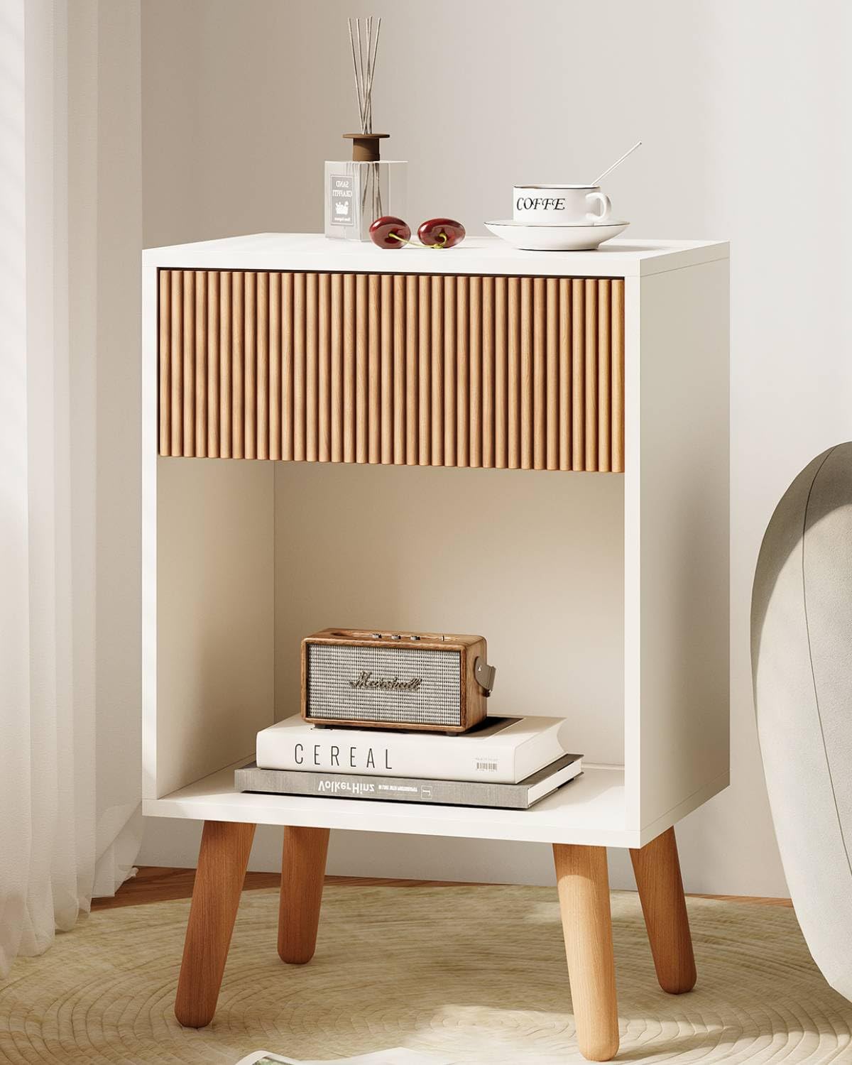 Modern White Oak Nightstand with Drawer and Open Shelf